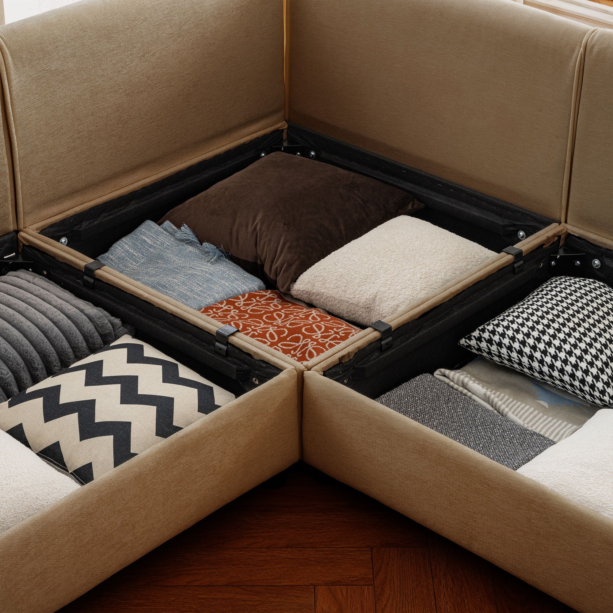 Stylish Chenille Sofa With Storage Seat And Cylindrical Backrest - Best Buy Furniture