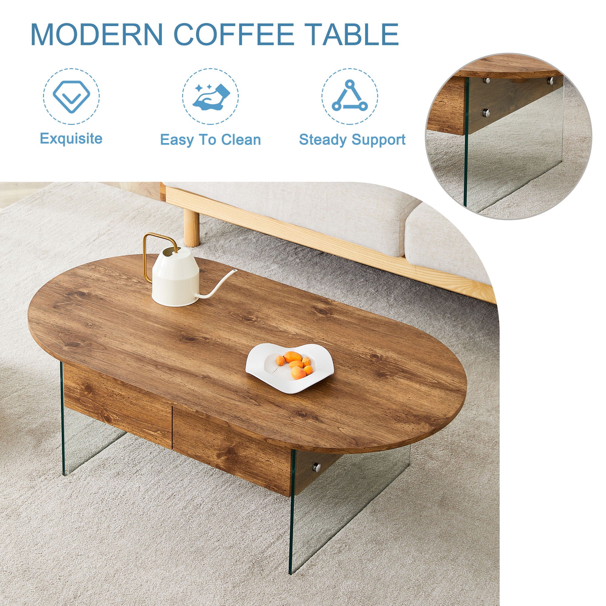 Elegant Coffee Table With Double Drawers And Transparent Glass Sides - Wood