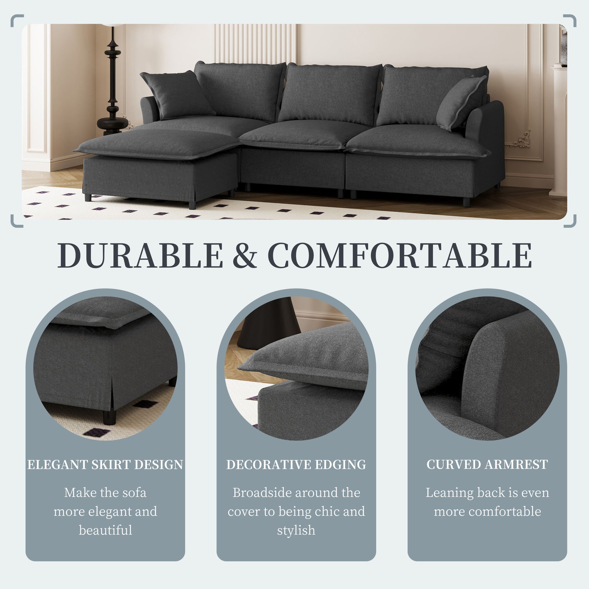 Sectional Sofa With Ottoman Cloud Couch Set With Throw Pillows, Free Combination