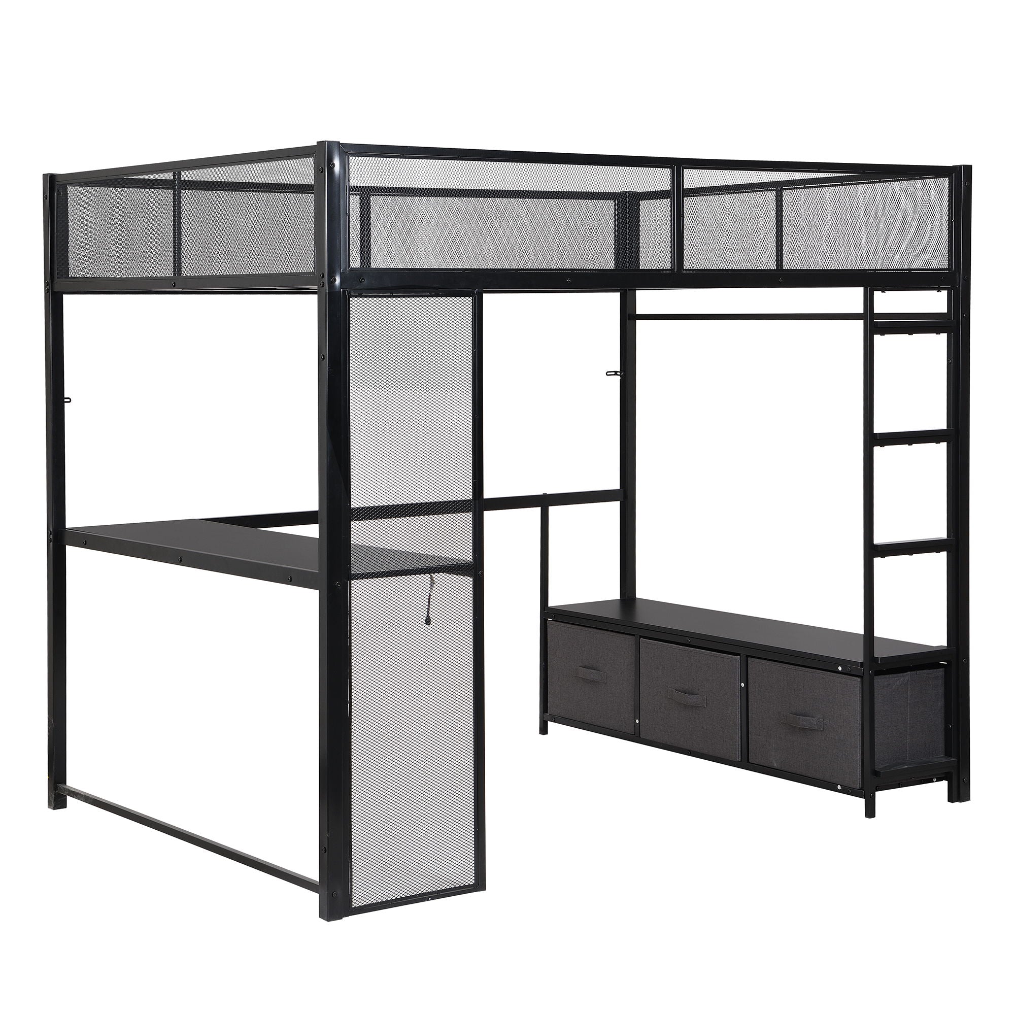 Full Size Gaming Loft Bed With LED Desk, Open Wardrobe, 3 Linen Storage Drawers - Black