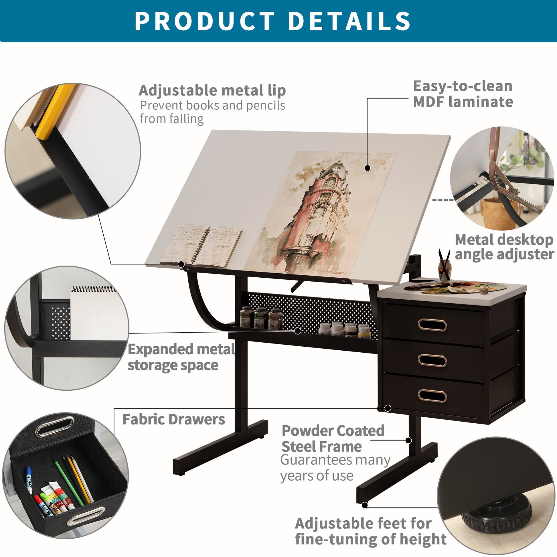 Adjustable Drafting Drawing Table With Stool And 3 Drawers - White / Black - Best Buy Furniture