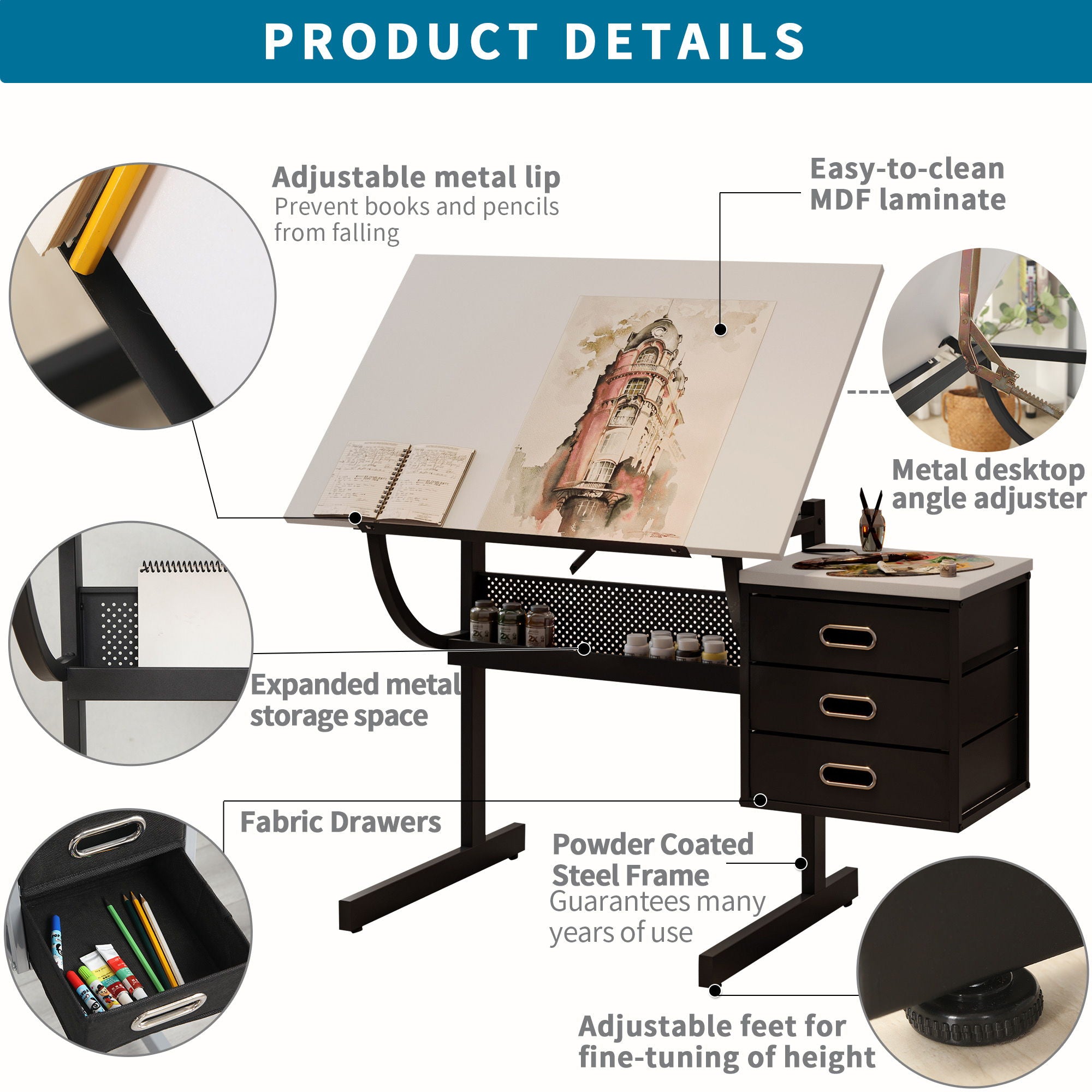 Adjustable Drafting Drawing Table With Stool And 3 Drawers - White / Black - Best Buy Furniture