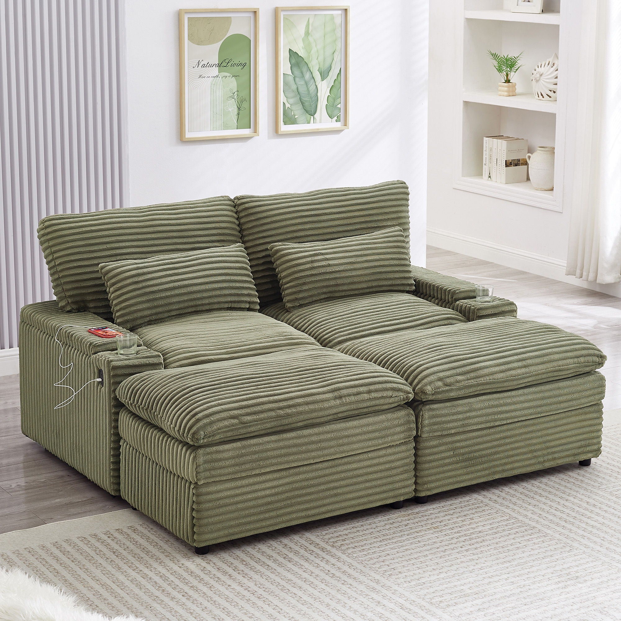 Convertible Loveseat Sofa With Storage, USB Ports, Cup Holders