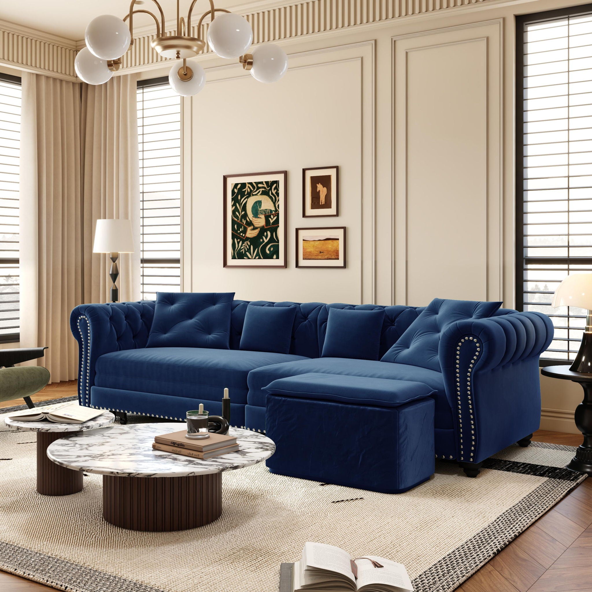 3 In 1 Pull Out Sofa Bed, Convertible Sleeper Sofa Bed, 3 Seater Sofa With Movable Ottoman - Blue