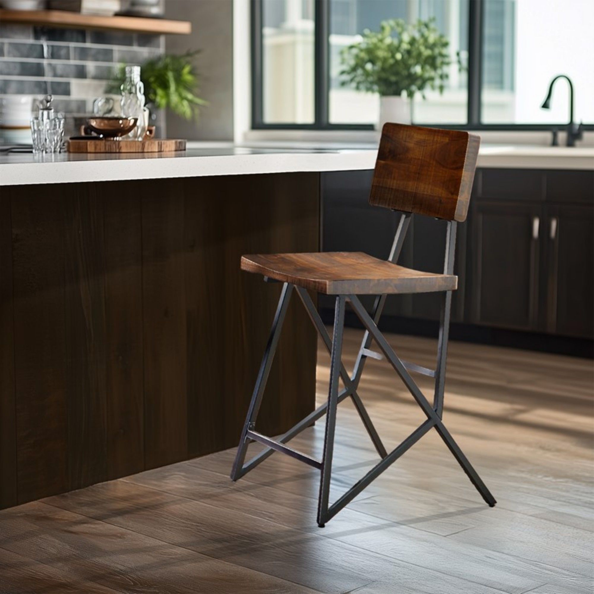 Trestle Counter Stool With Reclaimed - Reclaimed Brown / Gun Metal