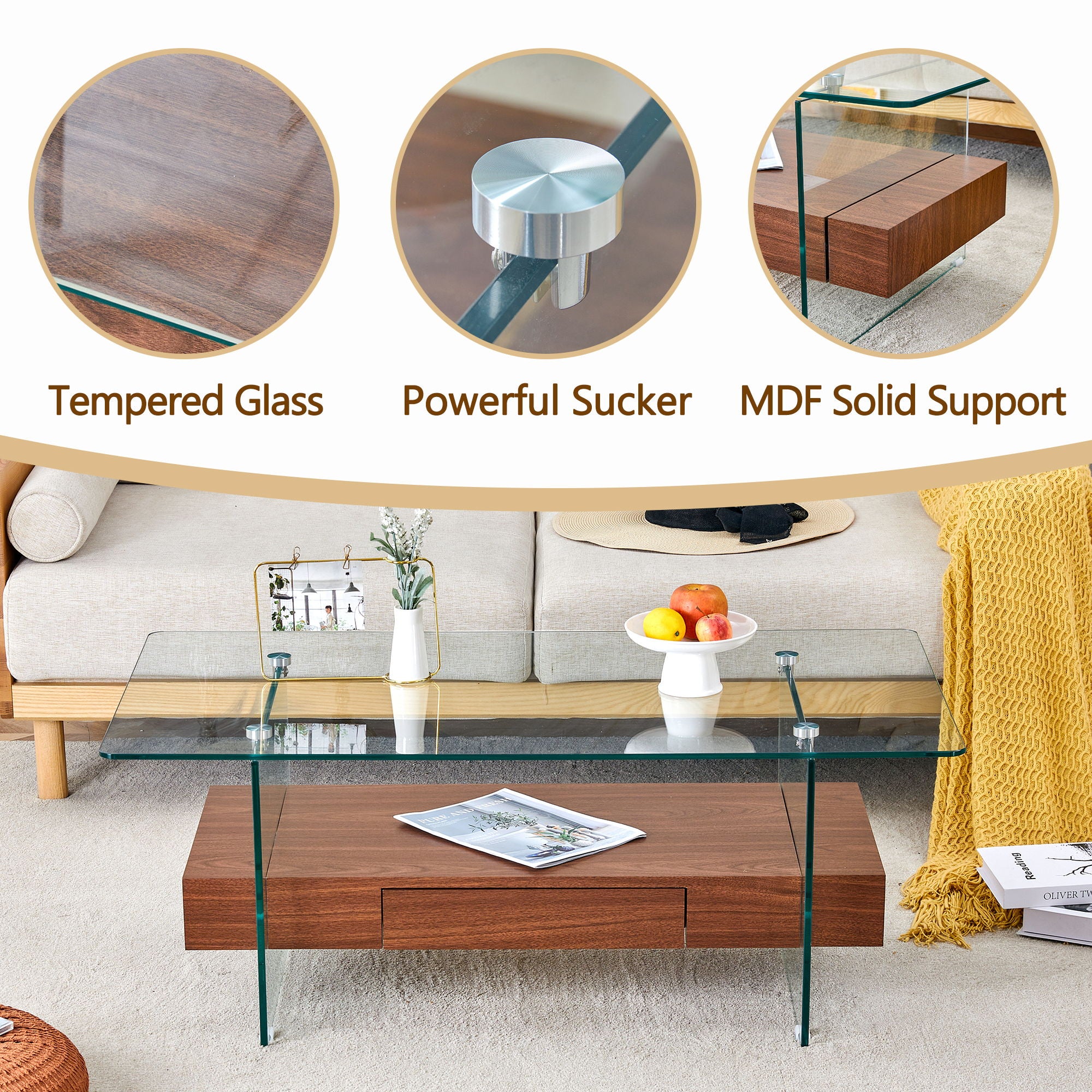 Modern 2 Tier Square Coffee Table, Elegant Marble Pattern