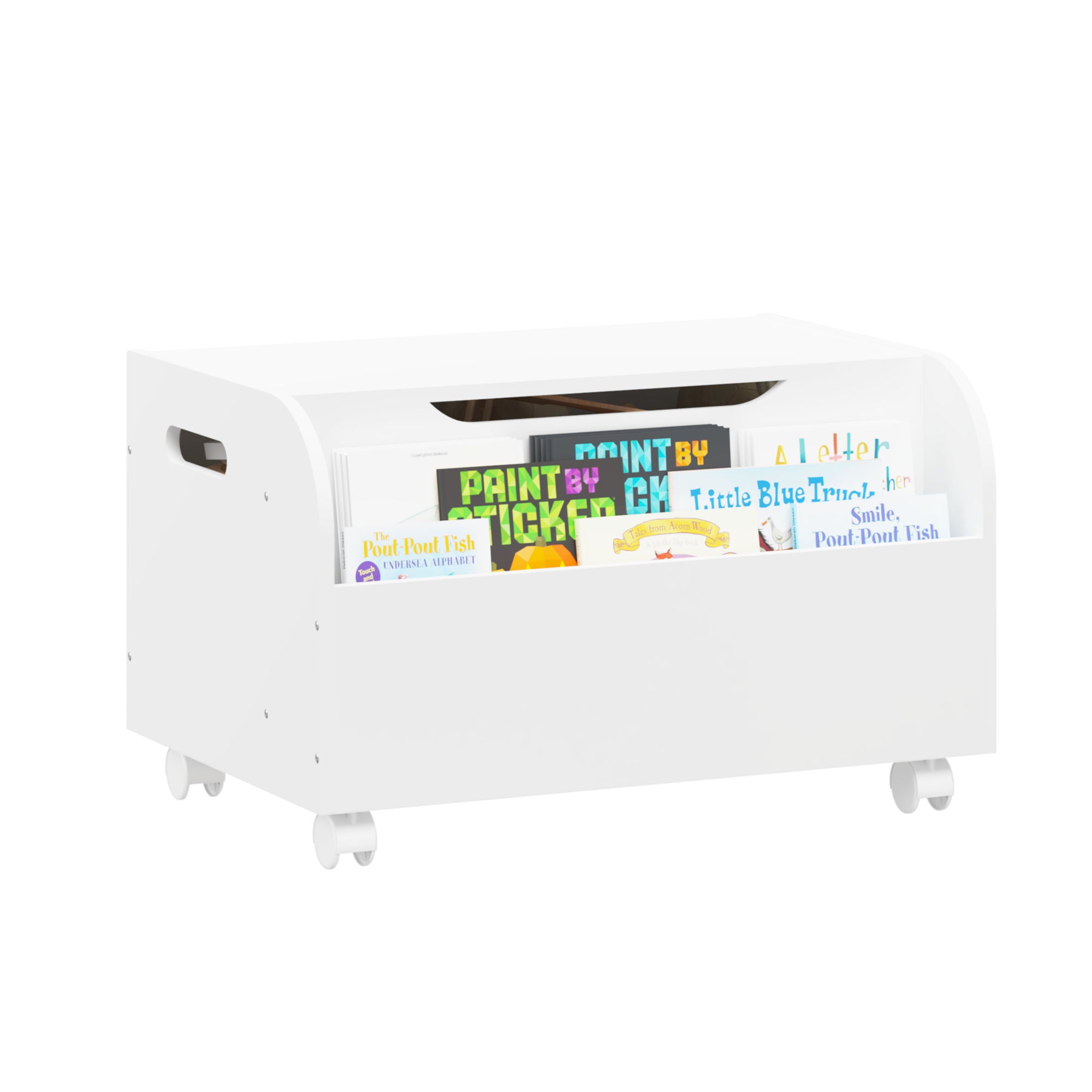 Toy Box With 4 Universal Wheels, Kids Playroom Storage Organizer With Front Bookshelf, Flip Top Lid, Safety Hinge - White