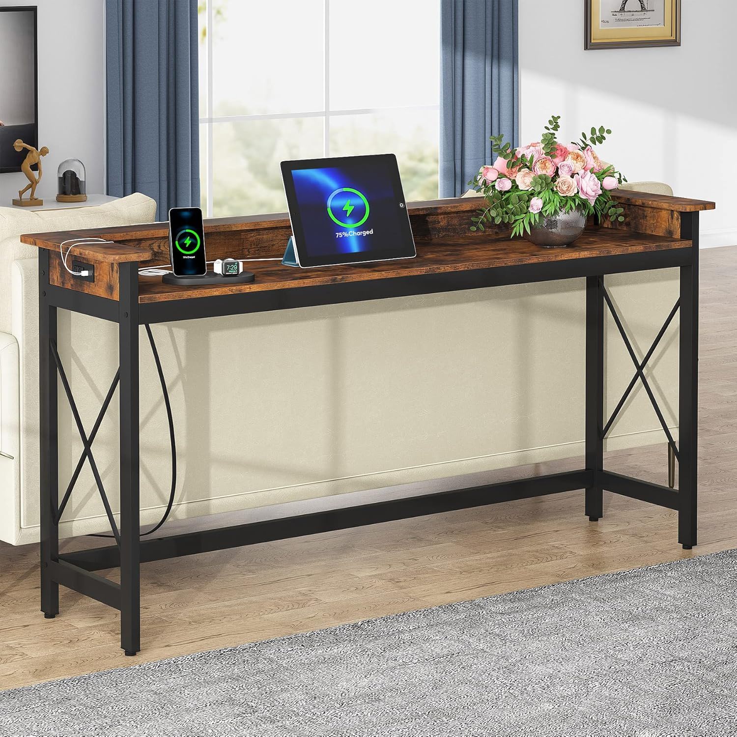 Console Table With Charging Station, Extra Long For Living Hallway - Brown / Black