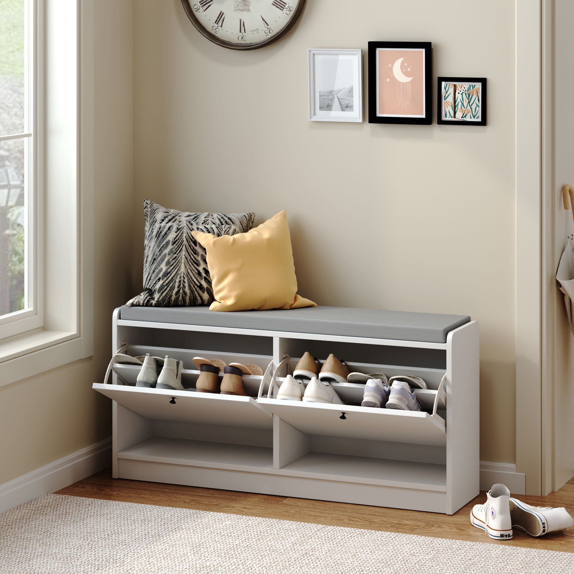Shoe Storage Bench With Cushion, Entryway Organizer Cabinet For Hallway - White