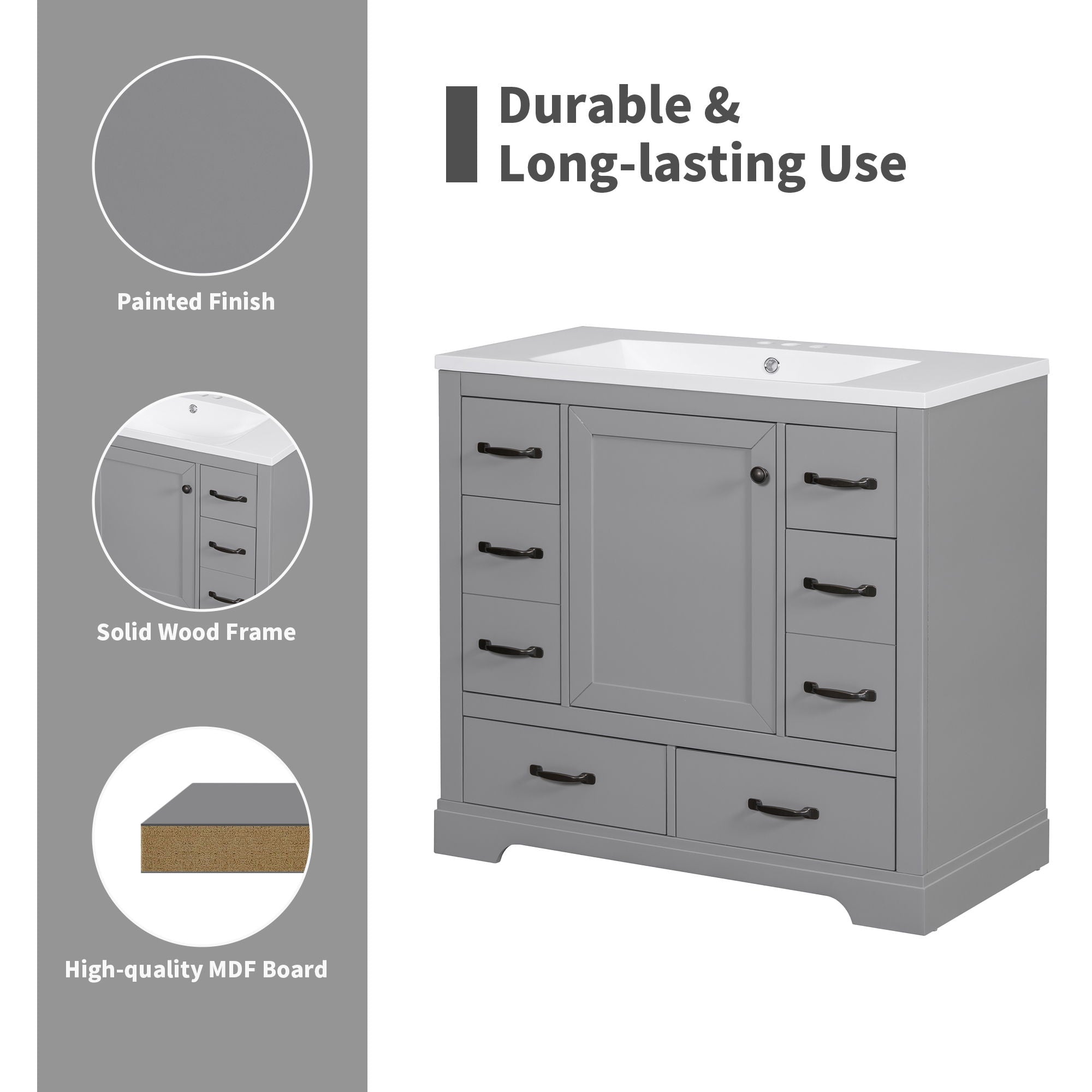 36" Bathroom Vanity Without Sink, Cabinet Base Only, 6 Drawers, Multi Functional Drawer Divider, Adjustable Shelf - Grey