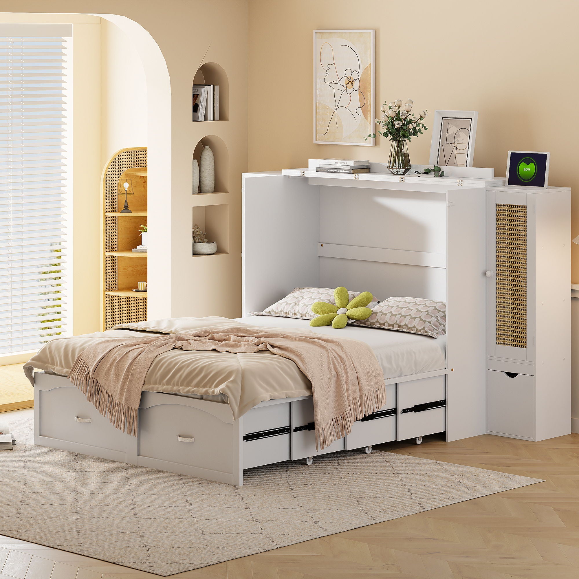 Murphy Wall Bed With Drawer And Rattan Decoration