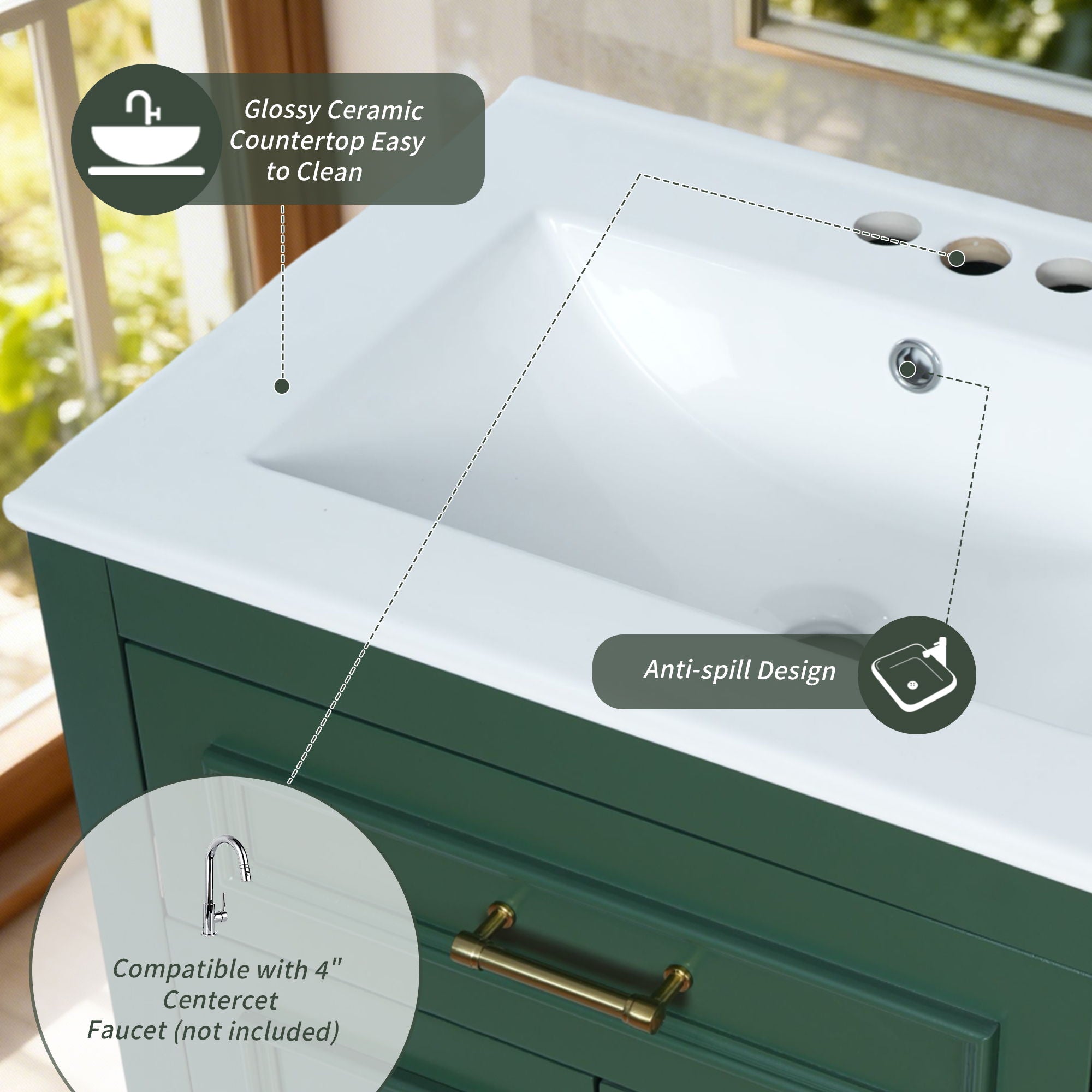 Bathroom Vanity With Integrated Sink, 2 Door Cabinet With Tip Out Drawer, Rectangular Design