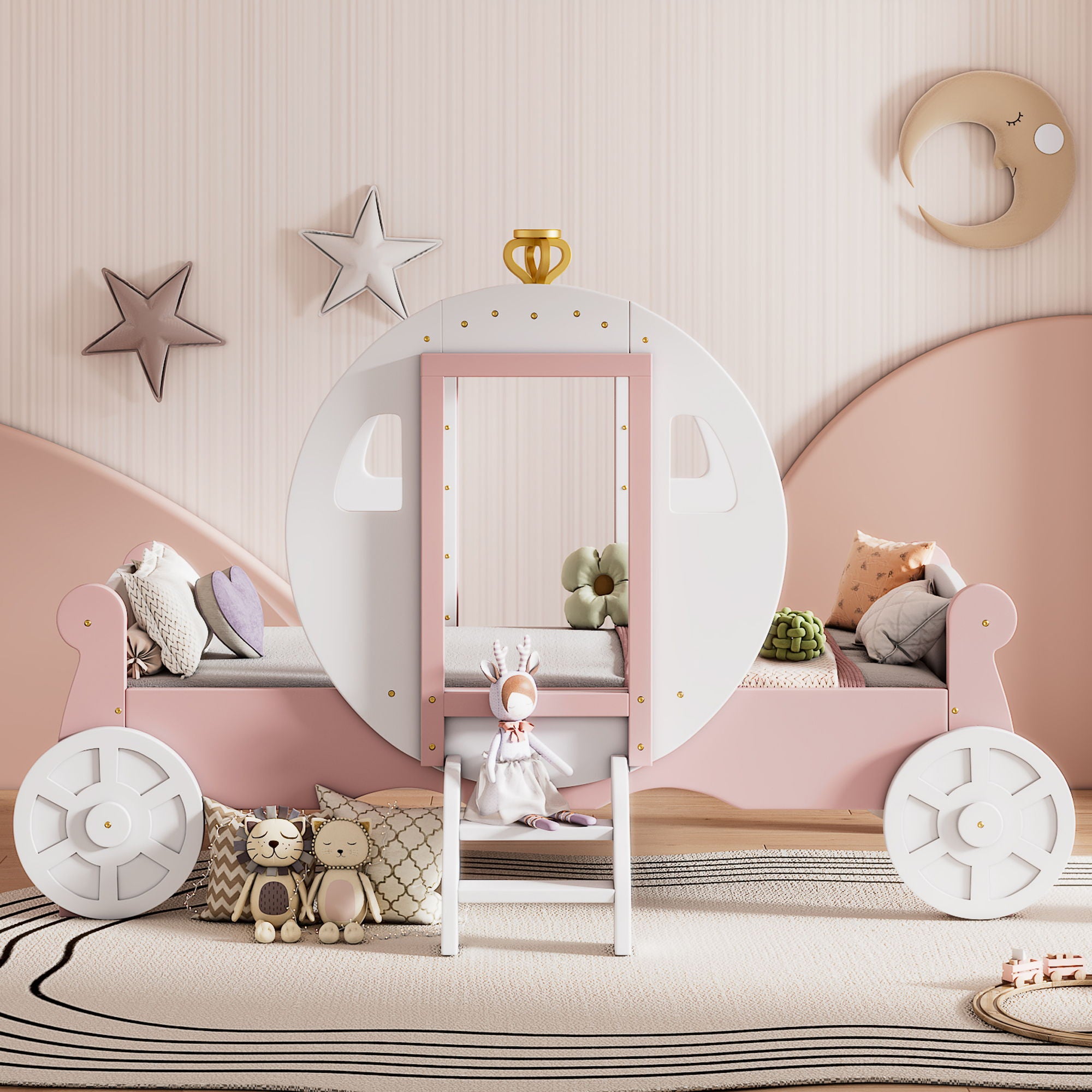 Princess Carriage Bed With Crown, Platform Car Bed With Stair