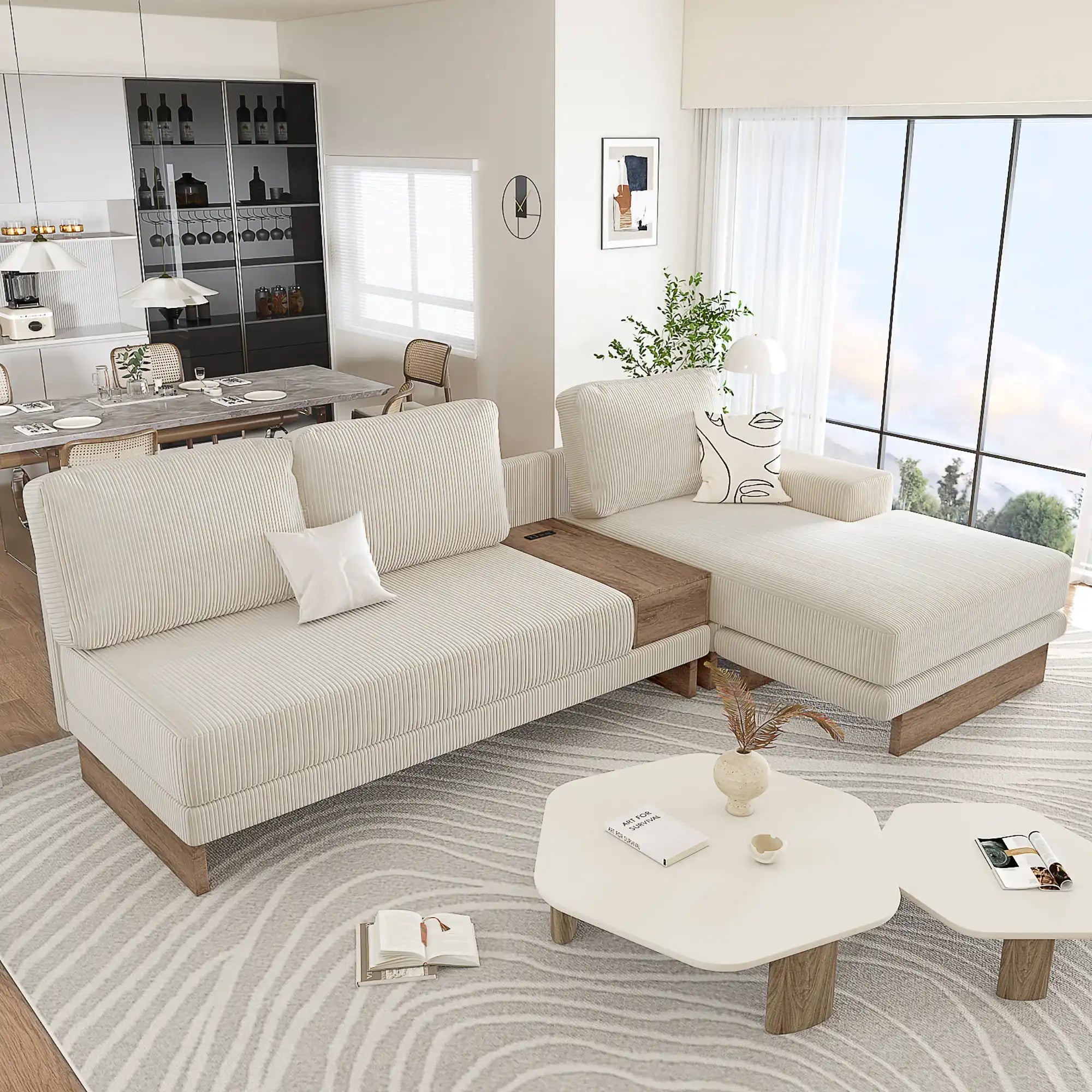 L-Shaped Sectional Sofa with USB Ports & Reversible Chaise, Beige