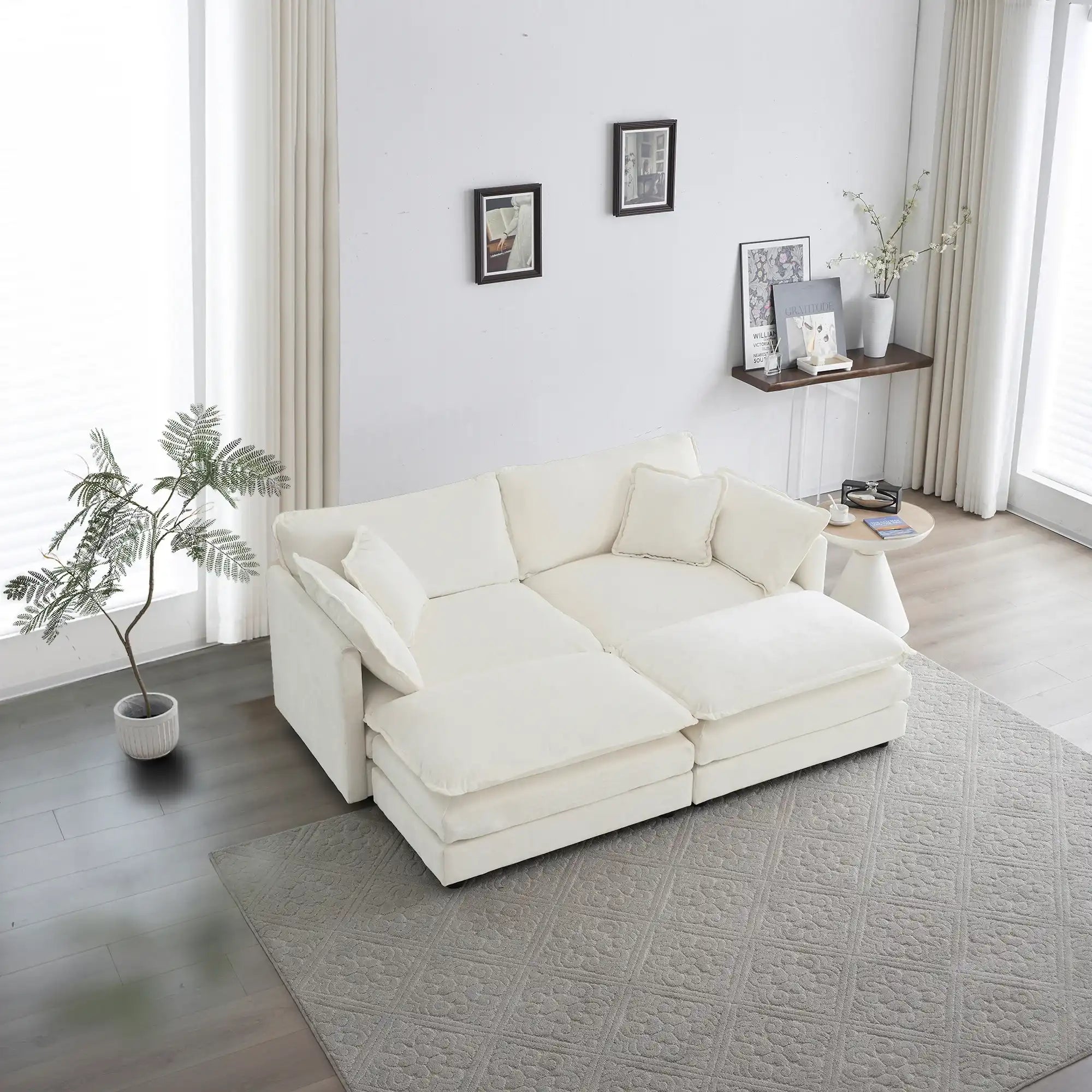 4-Piece White Chenille Sectional Sofa Set with Ottoman