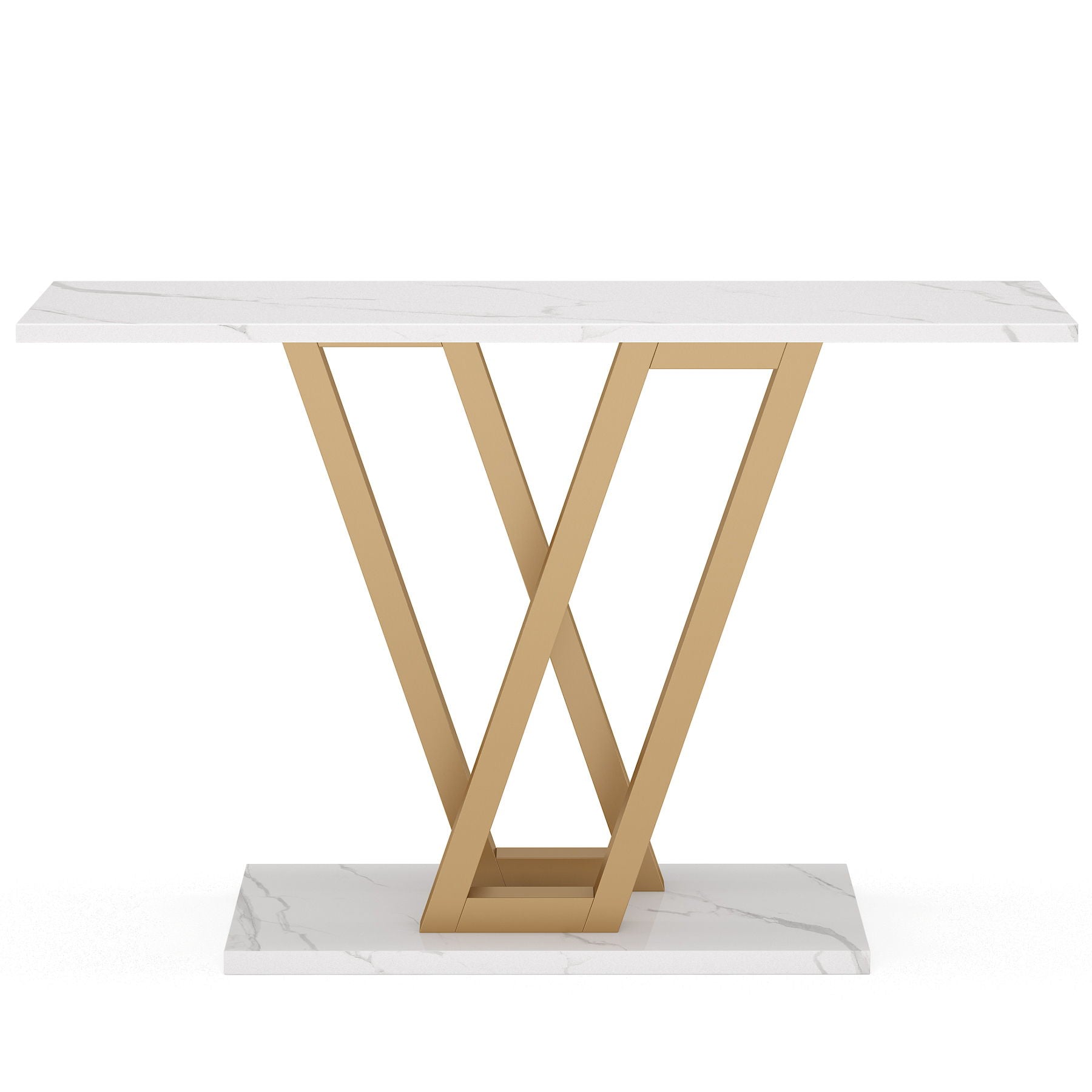 Console Table With Top With V Leg Frame For Hallway, Living Room - White / Gold