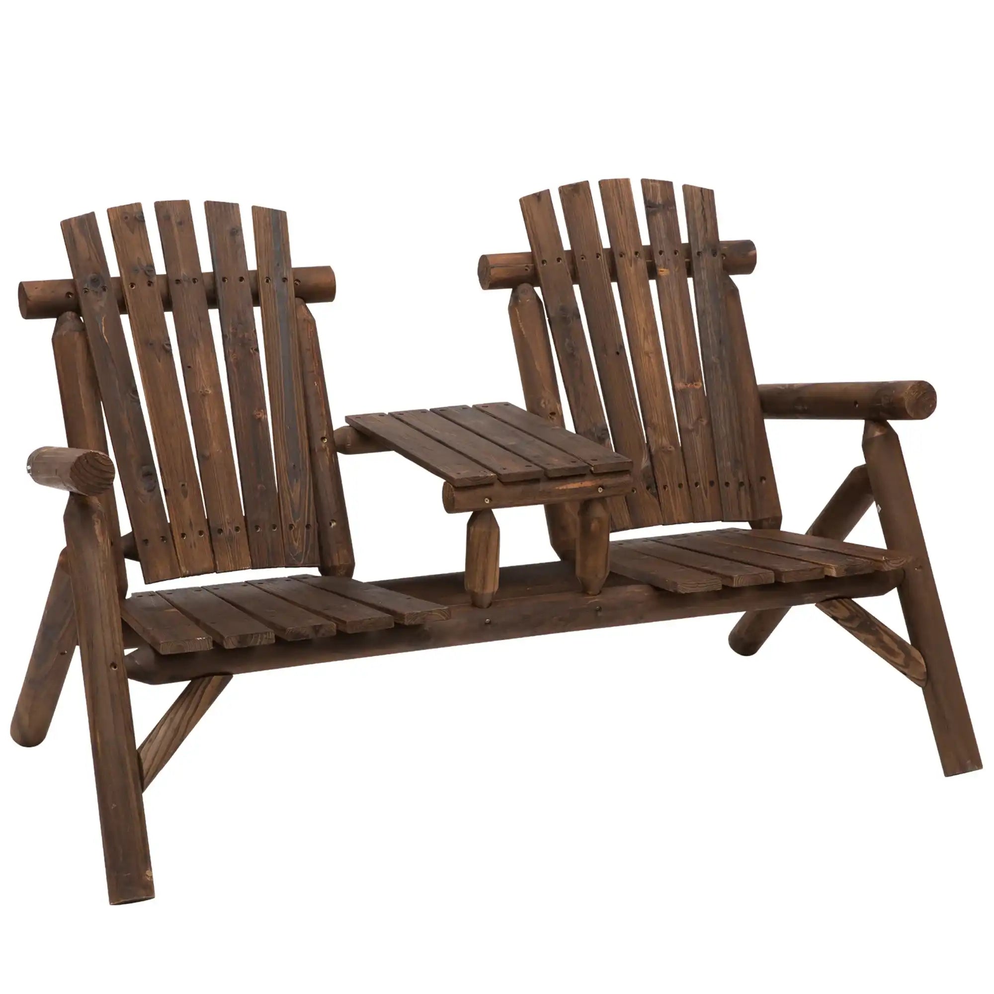 Outsunny 2-Seat Wooden Adirondack Chair with Table, Outdoor Loveseat, Carbonized