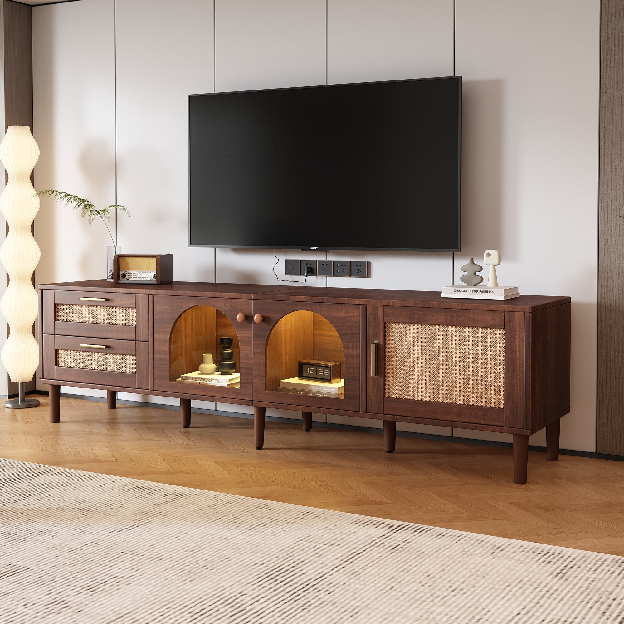 Rattan TV Stand with 3 Cabinets & 2 Drawers