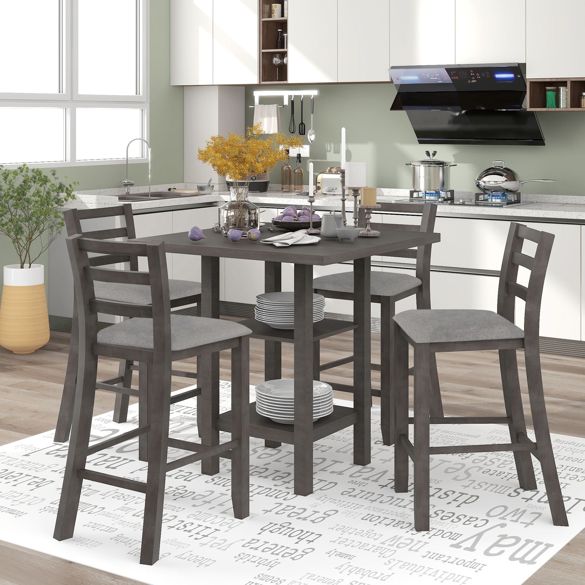 5 Piece Wooden Counter Height Dining Set With Padded Chairs, Storage Shelving