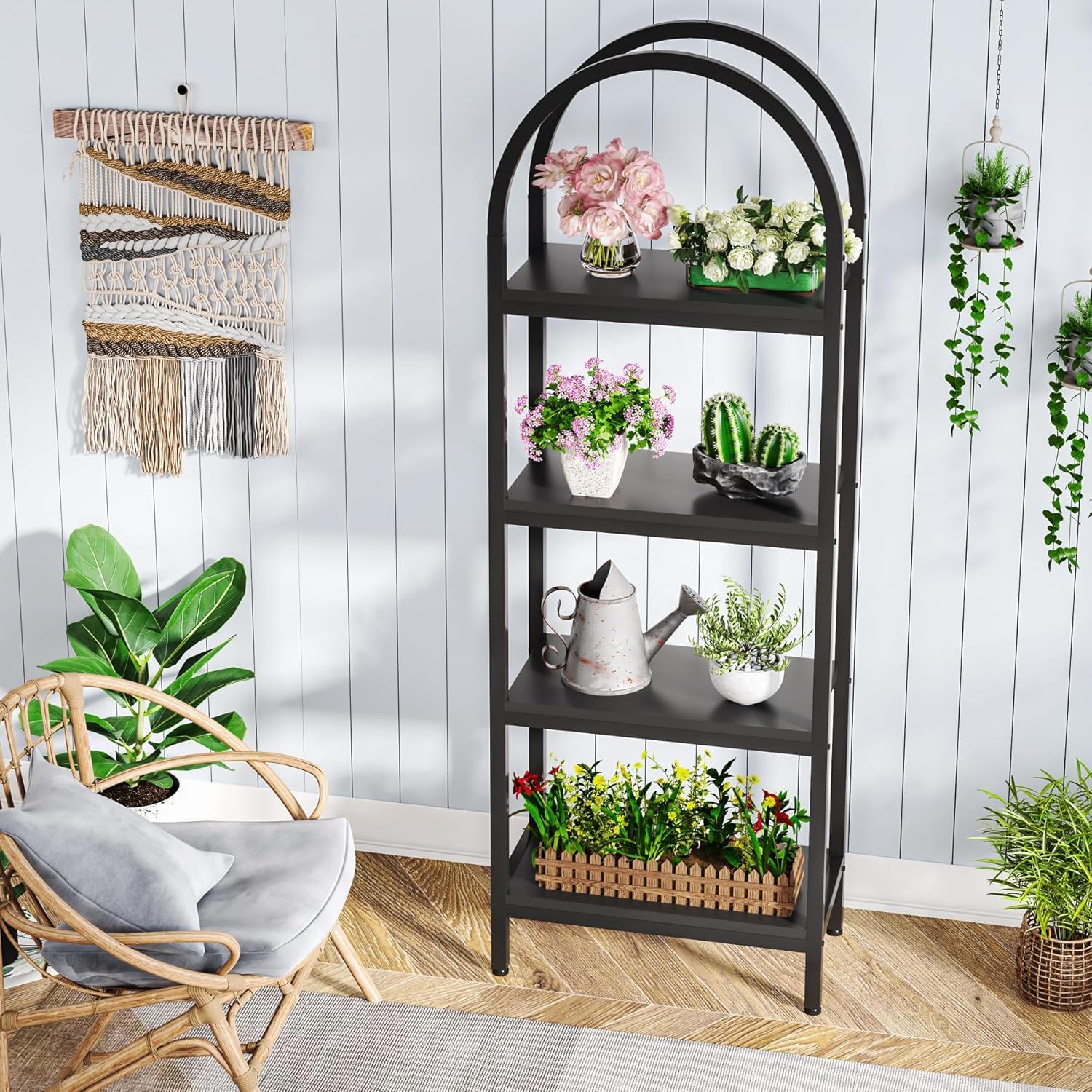 Tall 4 Tier Arched Open Bookshelf Storage Rack - Black