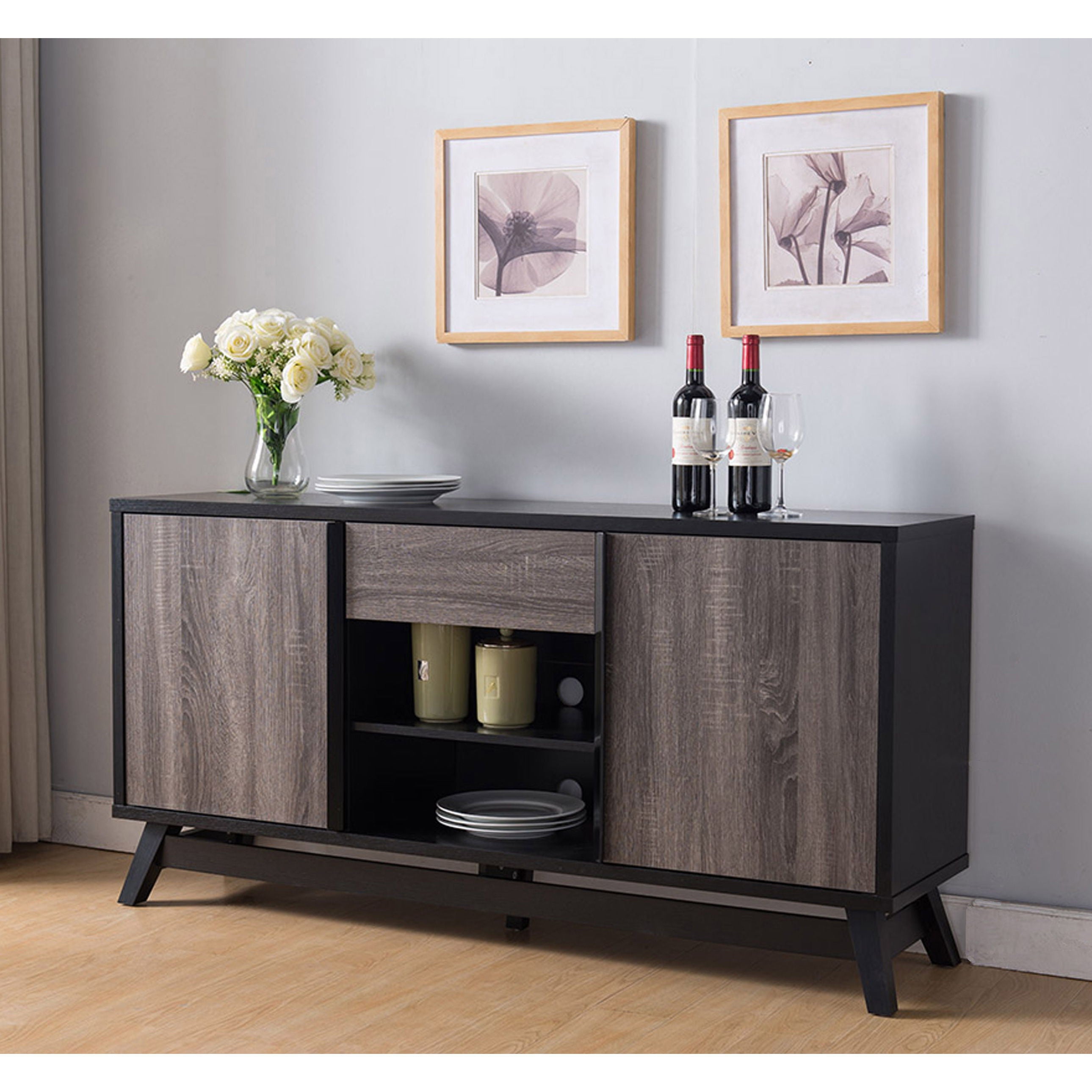 Sideboard TV Stand Buffet With 2 Doors 1 Drawer And 6 Shelves - Black / Gray