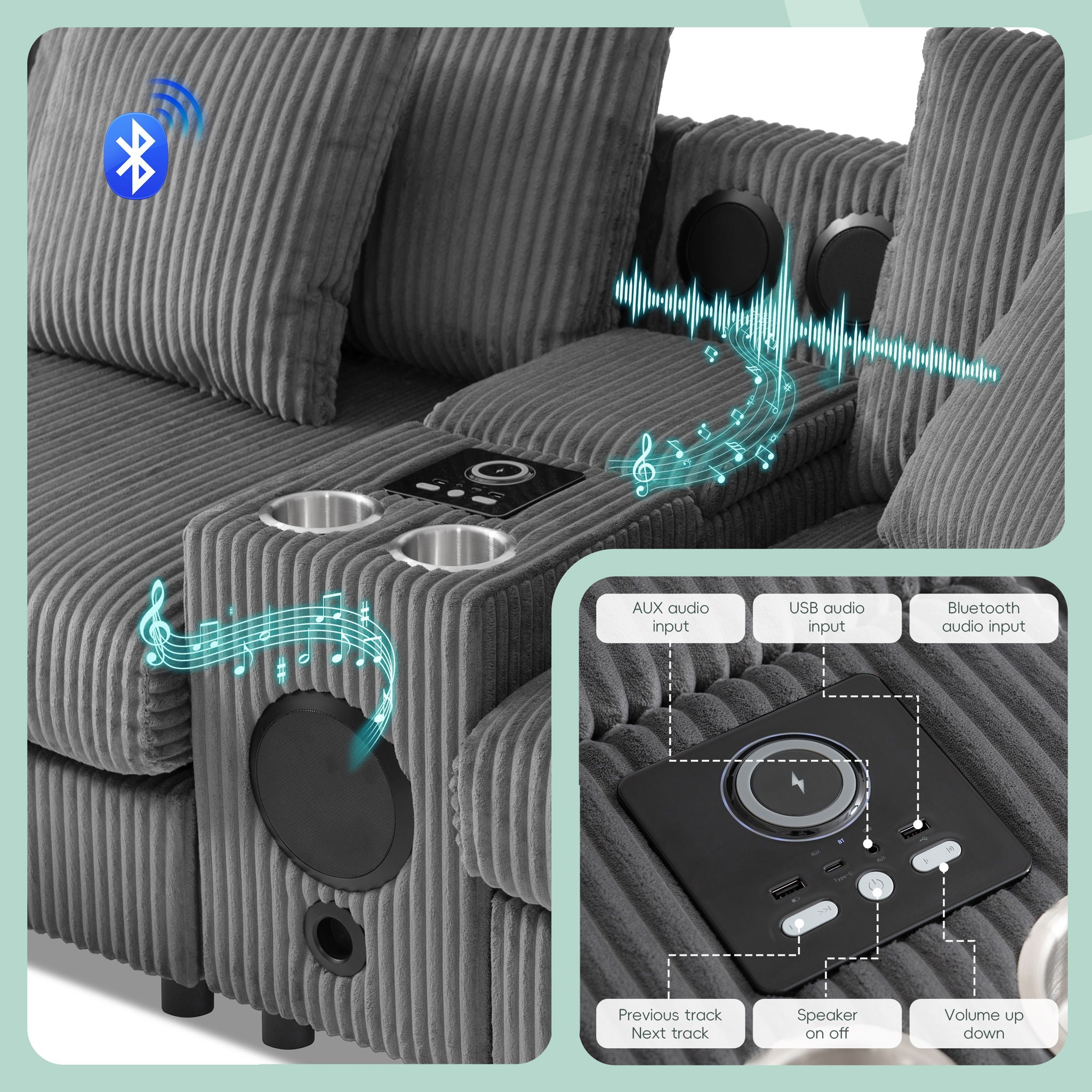 Sectional With Bluetooth Speakers L Shaped Couch With Console USB Charger, Cup Holders Storage Ottoman Deep And Wide Seat Cloud Sofa - Best Buy Furniture