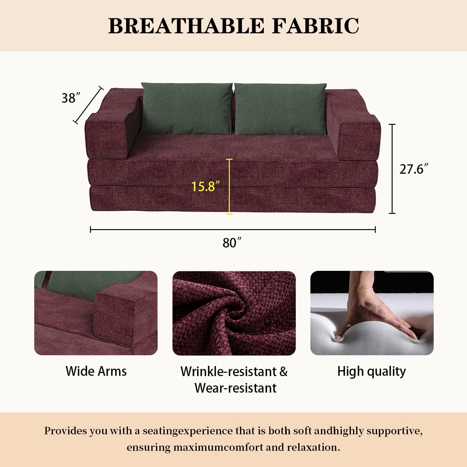 Convertible Couch Bed With 2 Pillows, 3 Seat Folding Floor Couch & King Size Bed Mattress, Diy Combination - Burgundy