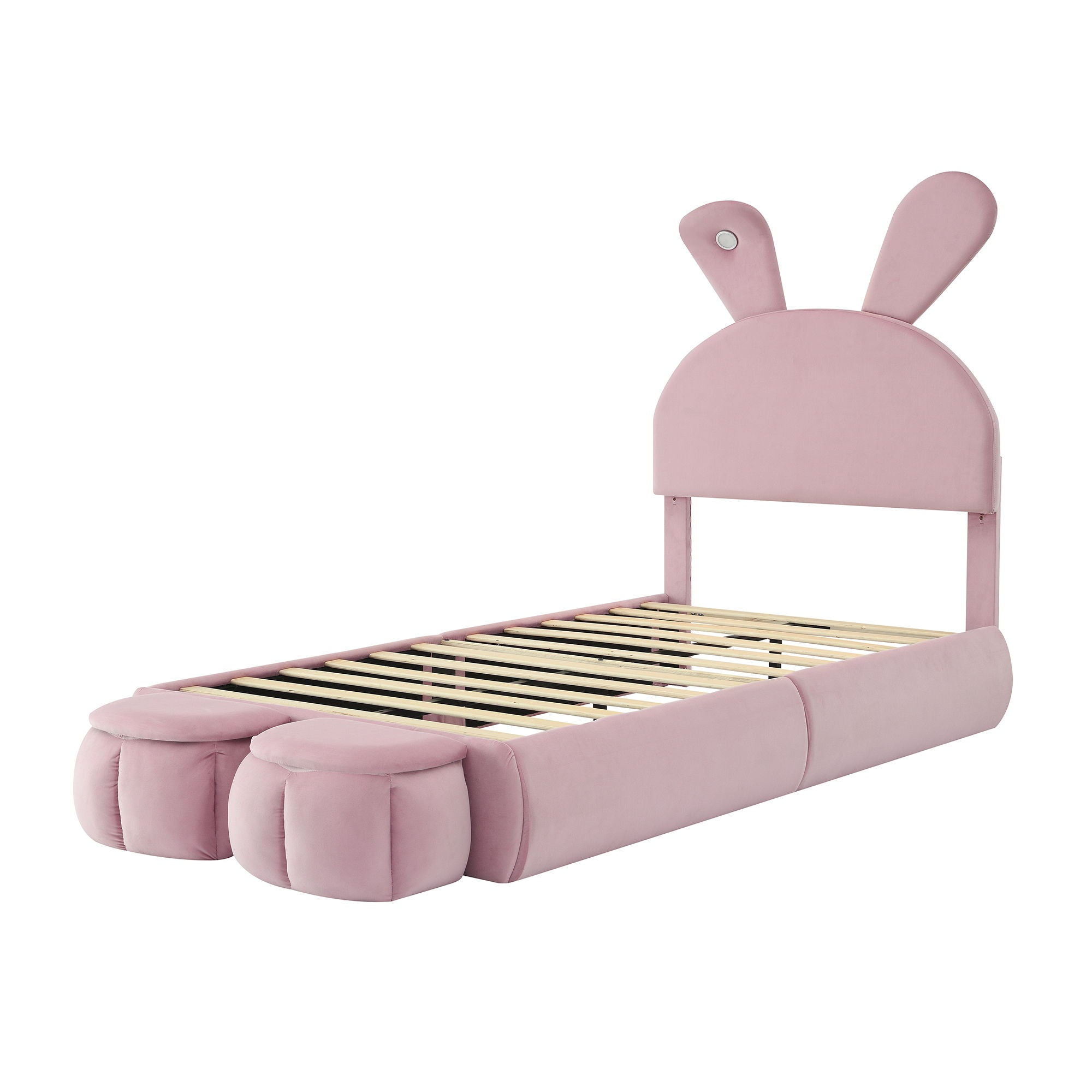 Upholstered Platform Bed With Cartoon Ears Shaped Headboard And LED Light