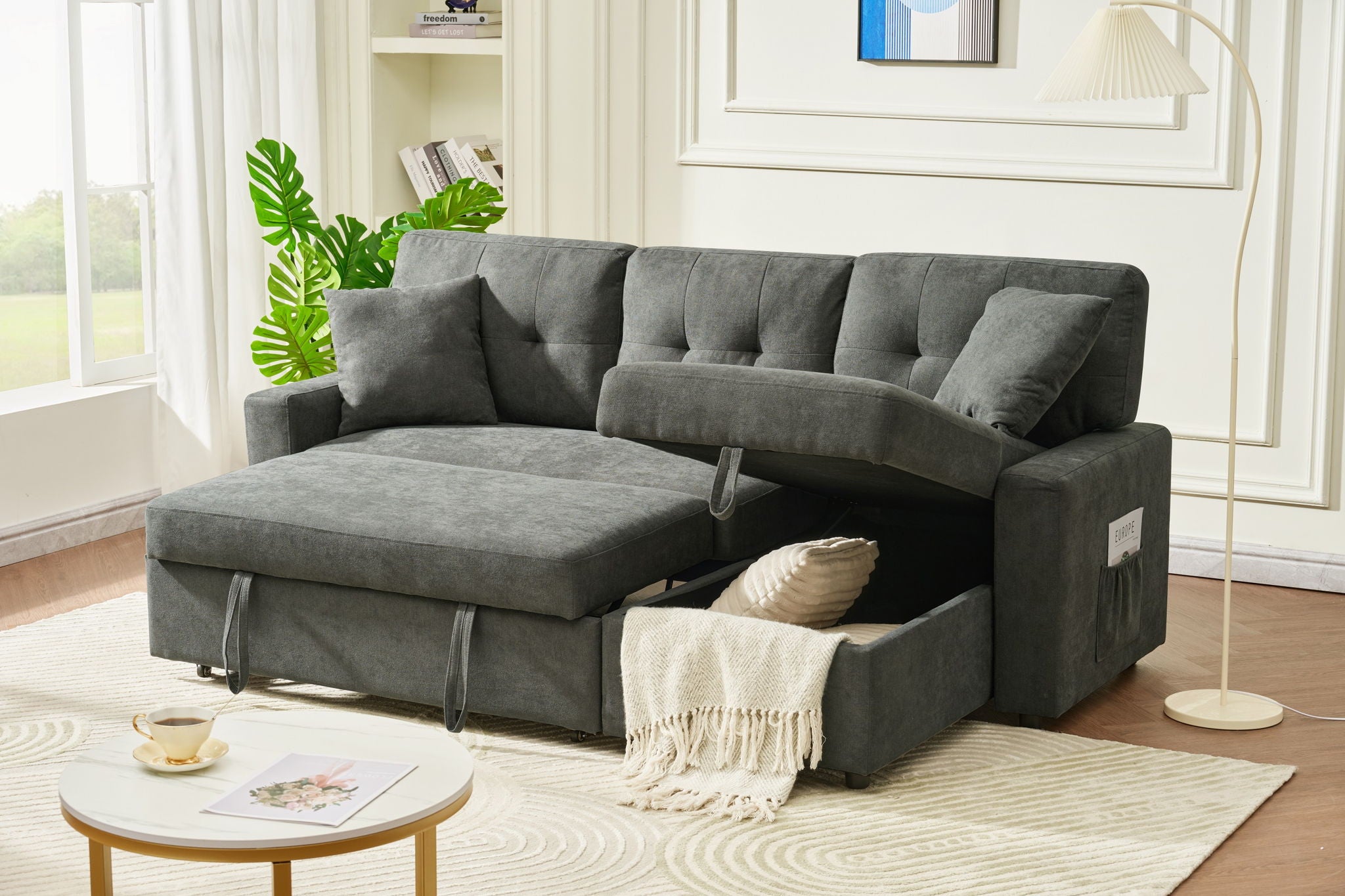 Reversible Sofa Couch Sleeper With Pull Out Bed And USB Port