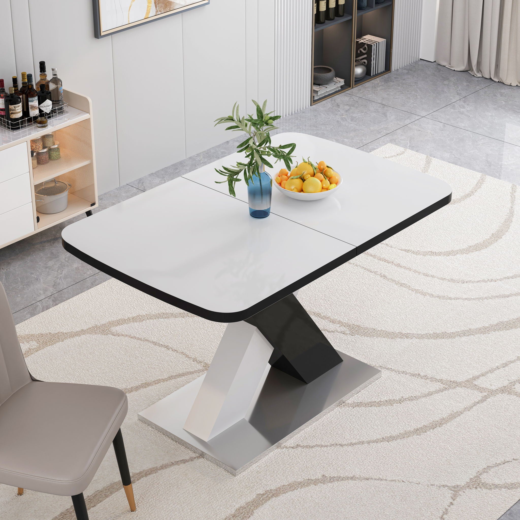 Rectangle Dining Table, Stretchable, Table Top With X Shape And Legs And Base - White / Black