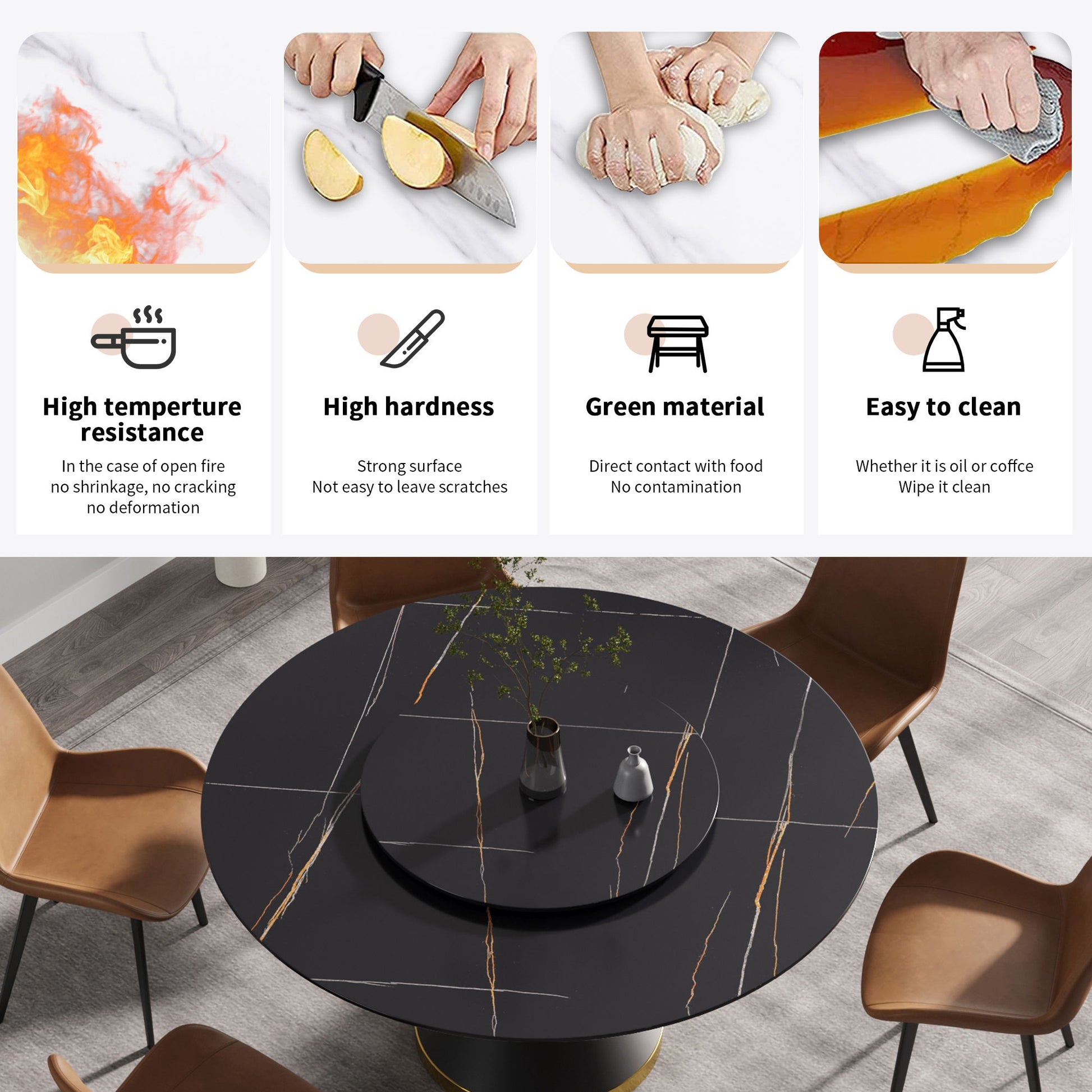 Modern Artificial Stone Round Carbon Steel Base Dining Table, Can Accommodate 6 People Artificial Stone Turntable - Black - Best Buy Furniture