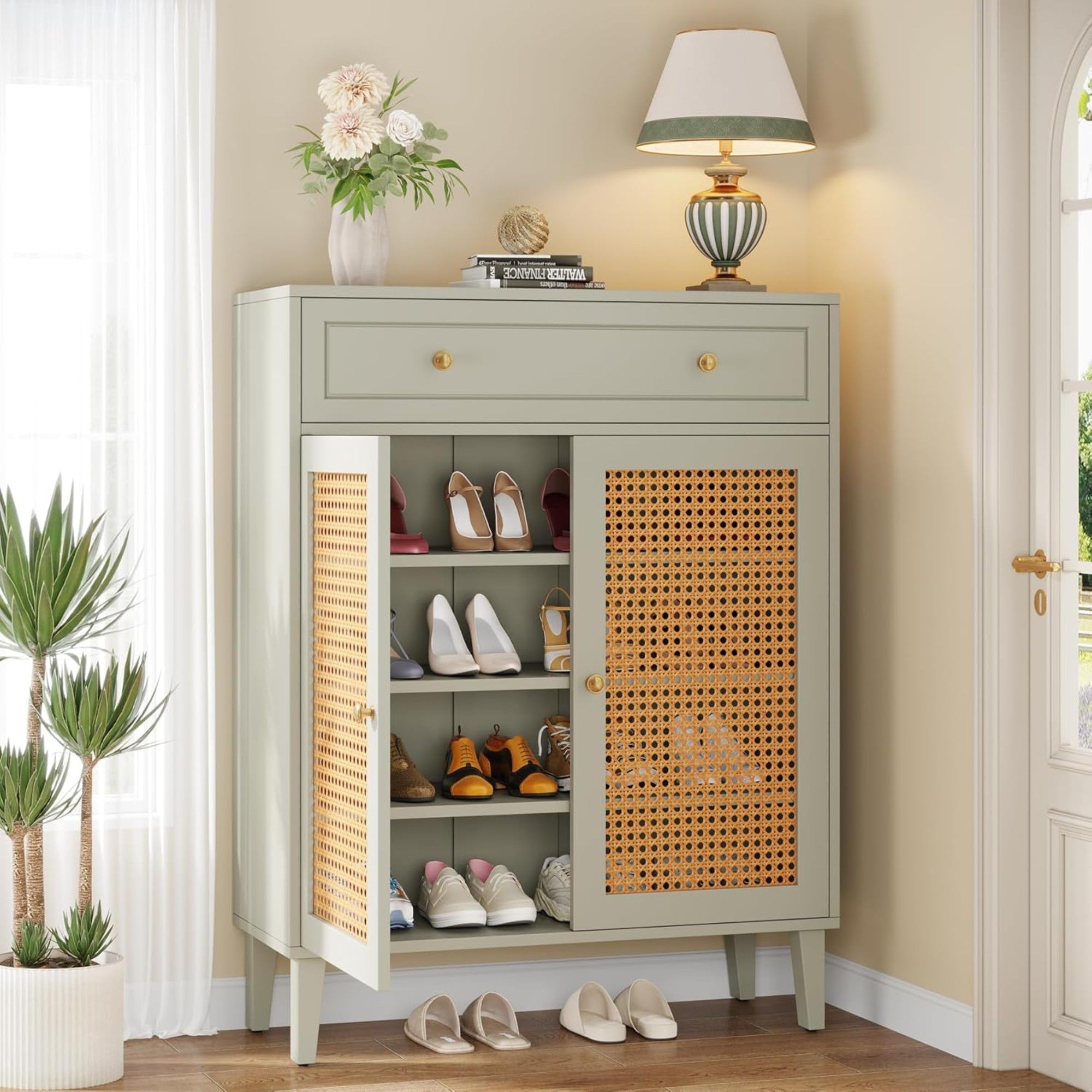 Shoe Cabinet With Rattan Doors And Drawer, 4 Tier Storage Organizer - Mint Green