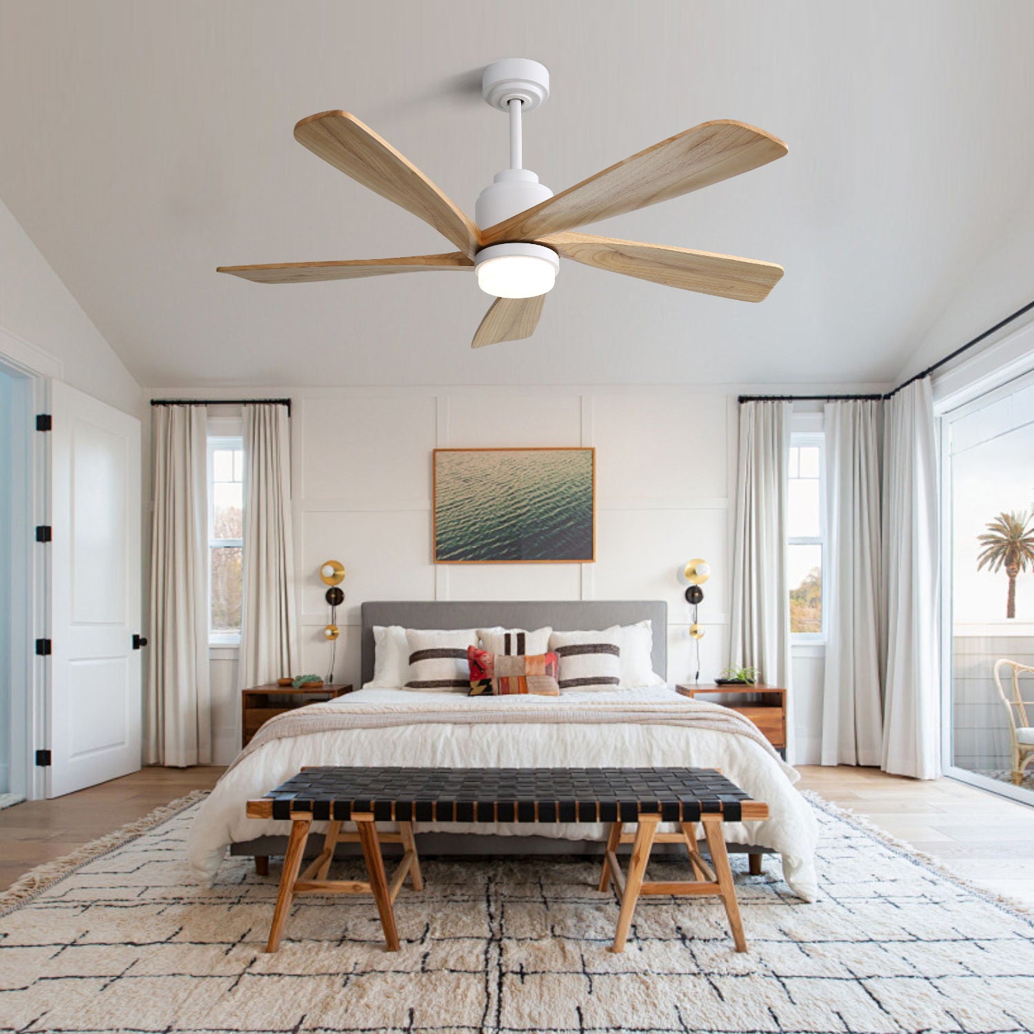 Indoor Ceiling Fan With Dimmable LED Light 5 Solid Wood Blades Remote Control Reversible DC Motor With Smart App Control