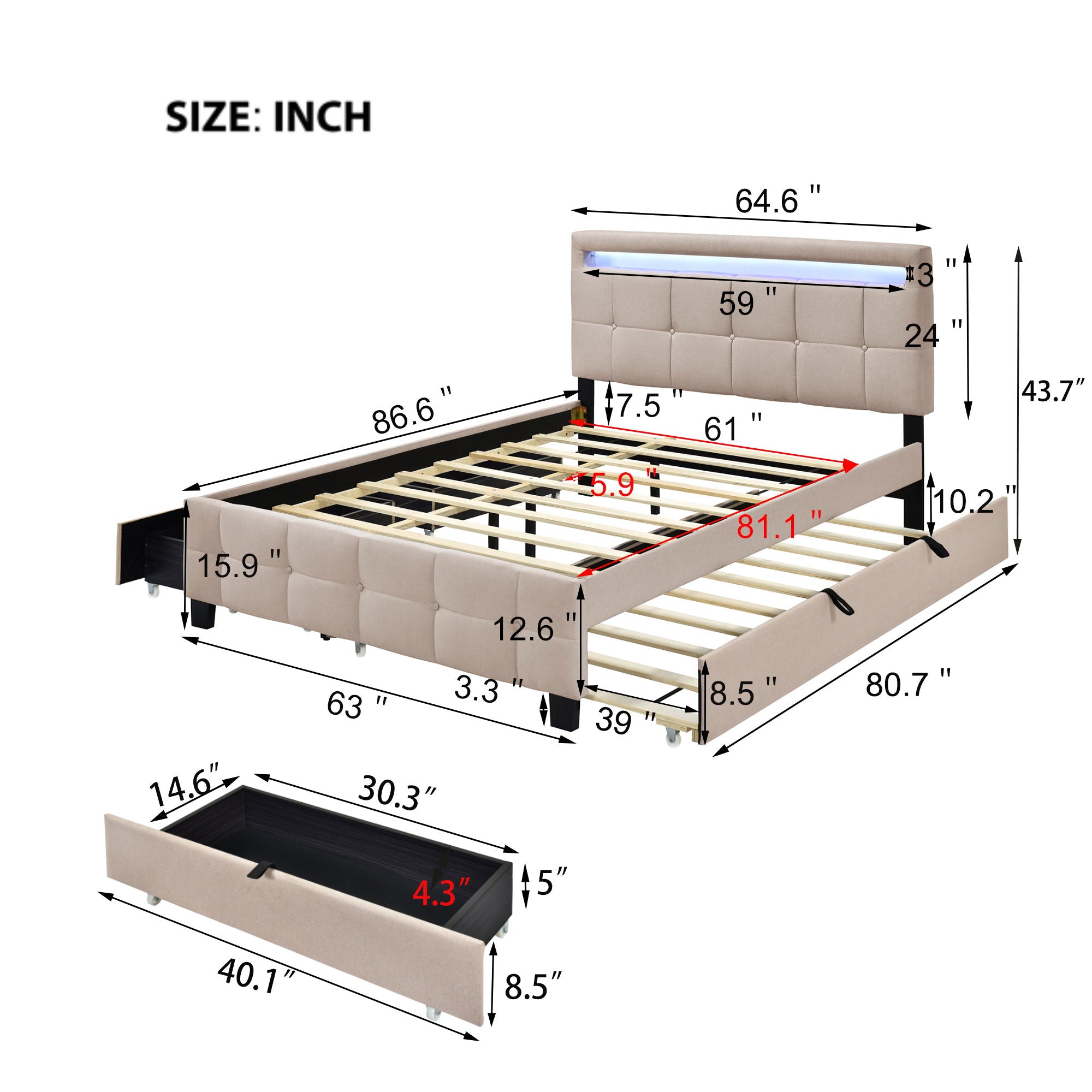 Upholstered Platform Bed With LED Frame, With Trundle And 2 Drawers