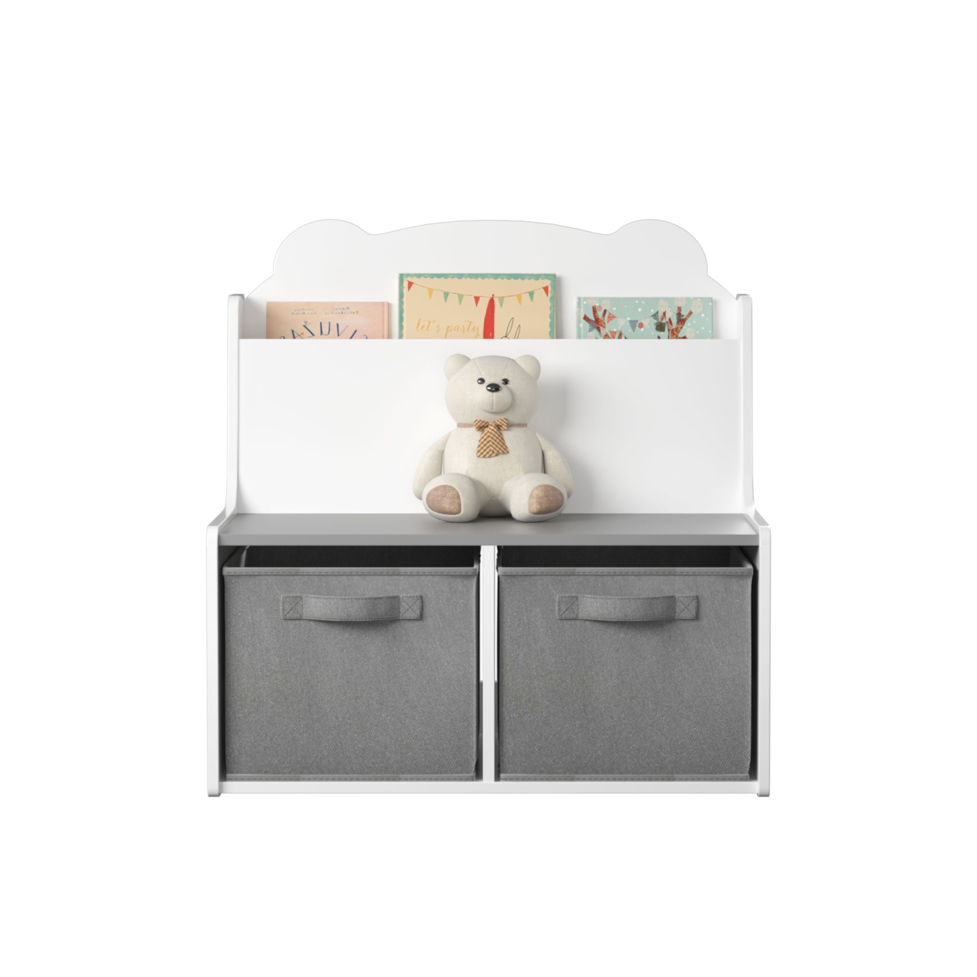 Bookshelf With Storage Bins, Bookcase With Book Display Shelf And 2 Bins, Cute Bear Shaped Backboard, Toy Organizer - White