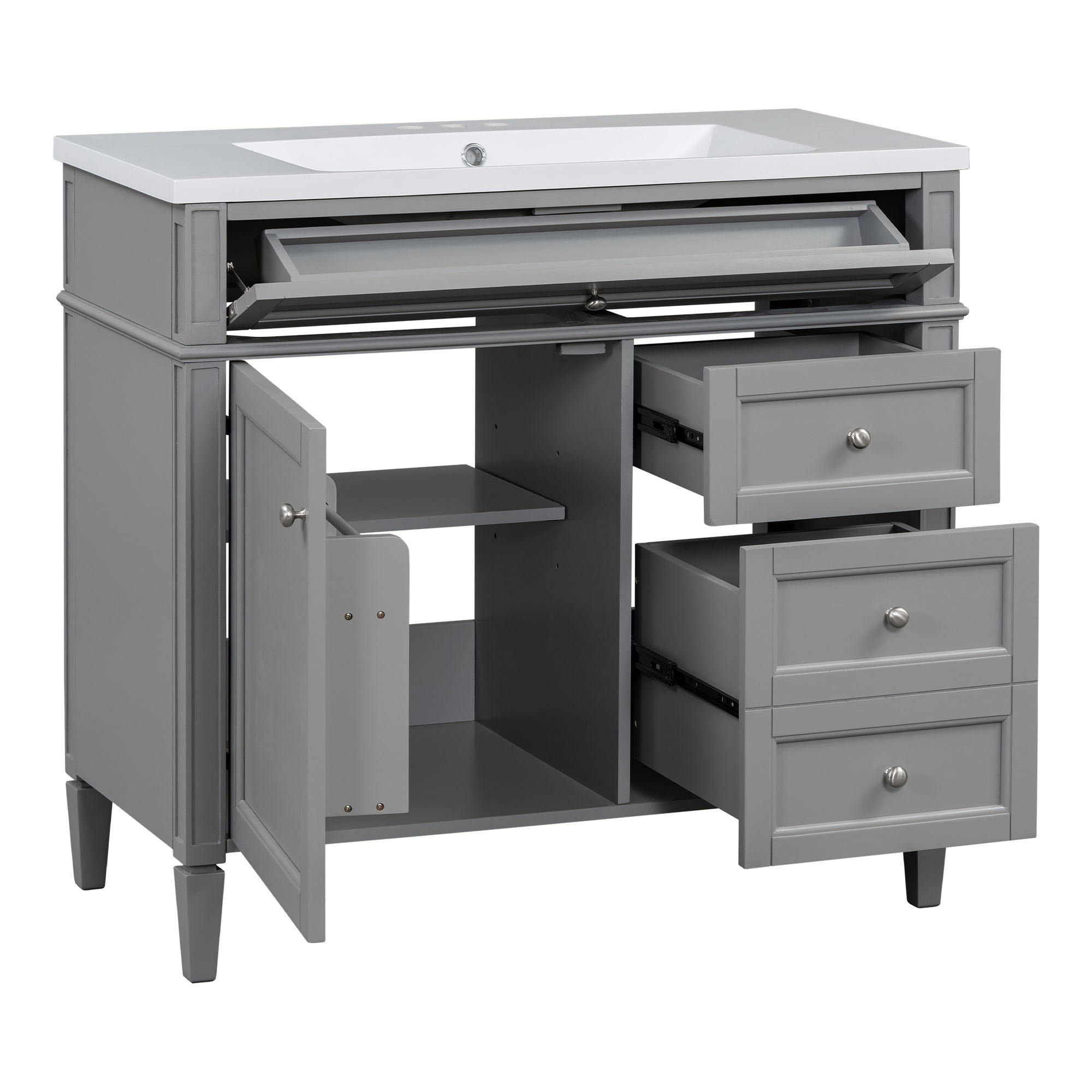 Bathroom Vanity With Top Sink, Storage Cabinet With Mirror, 2 Doors, 3 Drawers, 6 Open Shelves