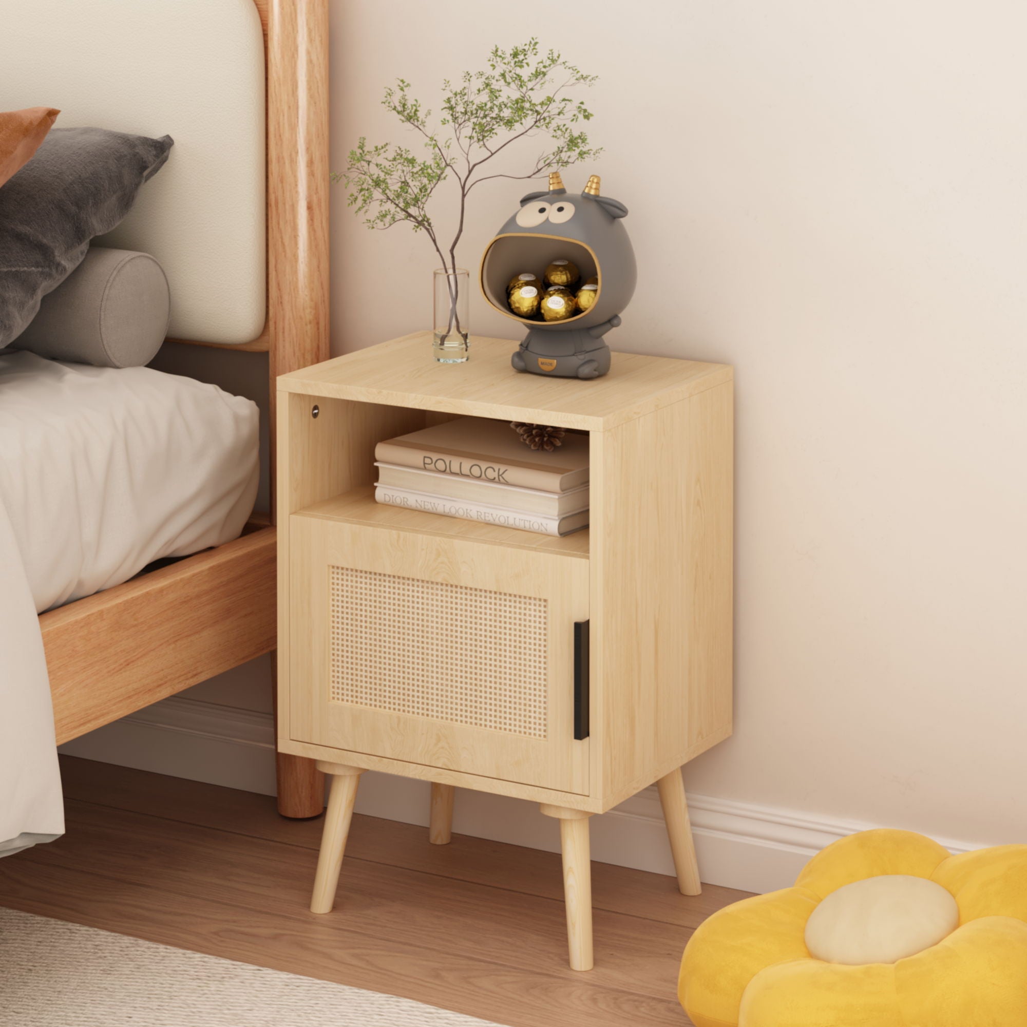 Nightstand, Side Table With Door And Open Shelf For Bedroom - Oak