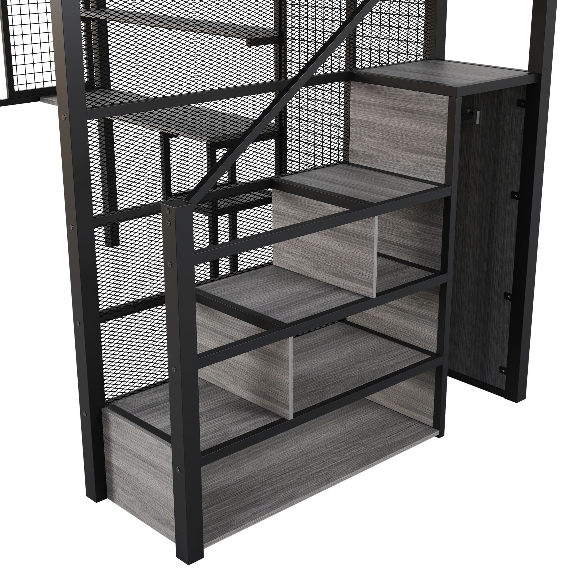 Metal Loft Bed With Wardrobe, Desk, Storage Shelves
