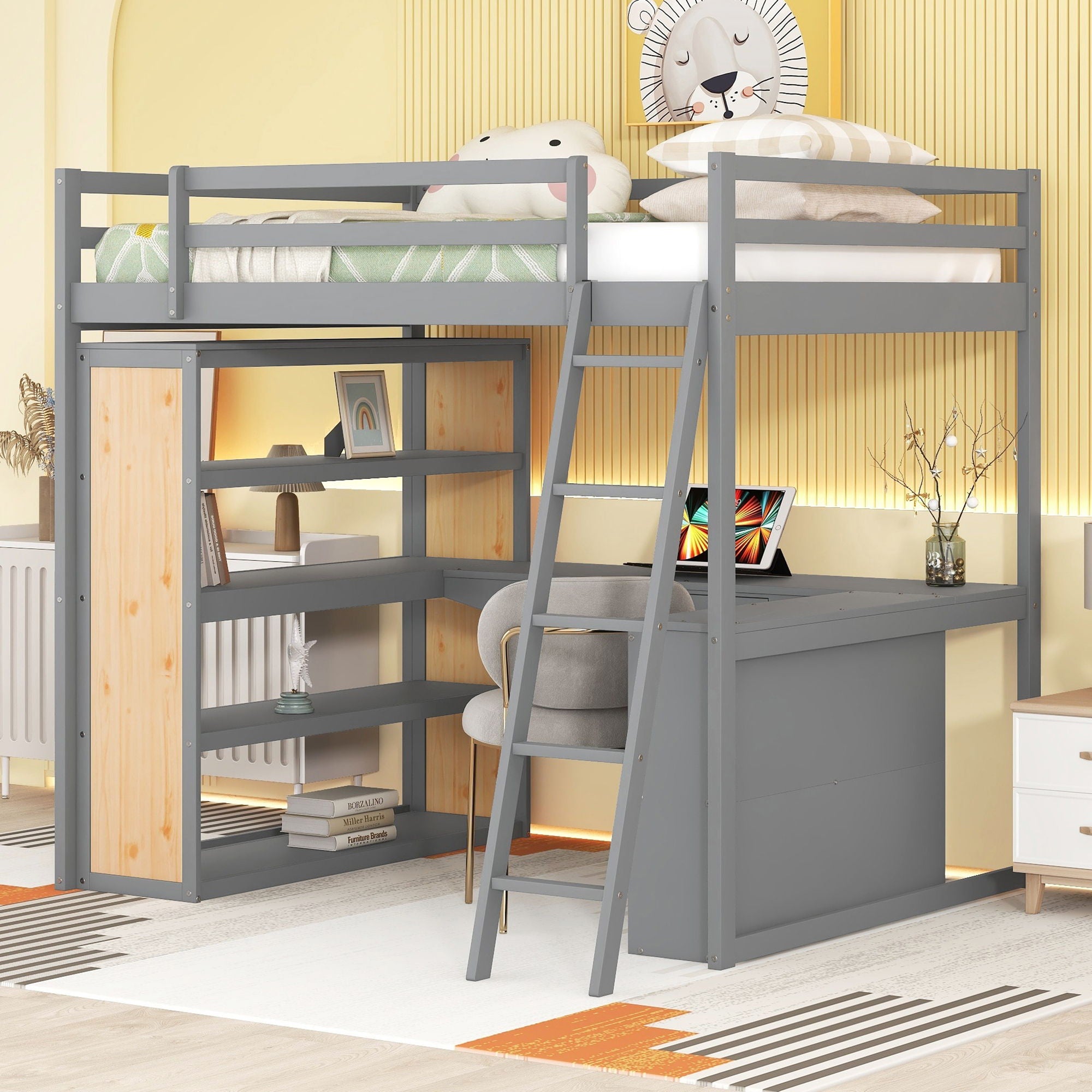 Loft Bed With Ladder, Shelves, And Desk