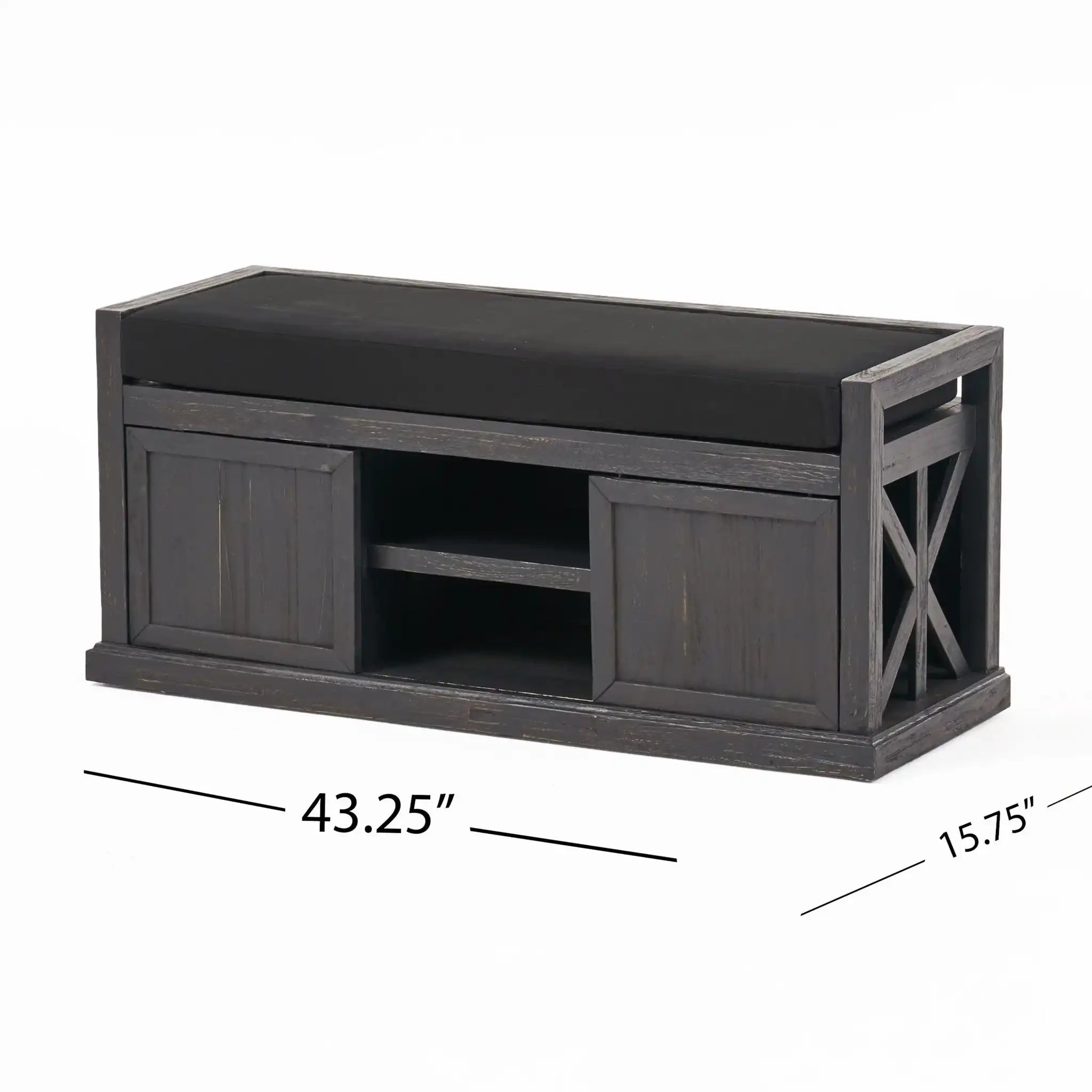 Wood Bench With 2 Open Shelves And Water Resistant Cushion - Dark Gray