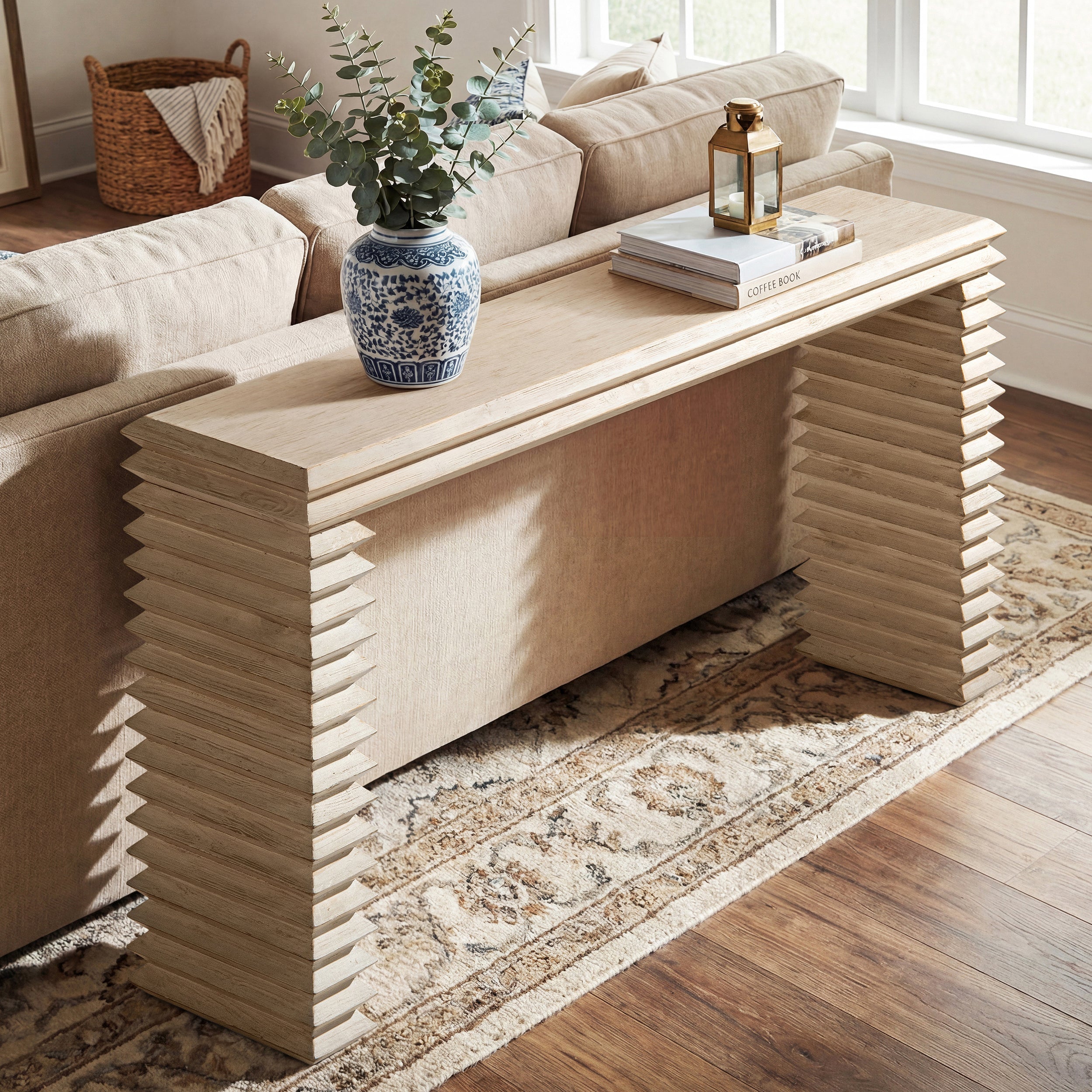 Veda 63' Reclaimed Wood Stacked Geometric Waterfall Console Table, Whitewashed Natural Reclaimed Pine Wood