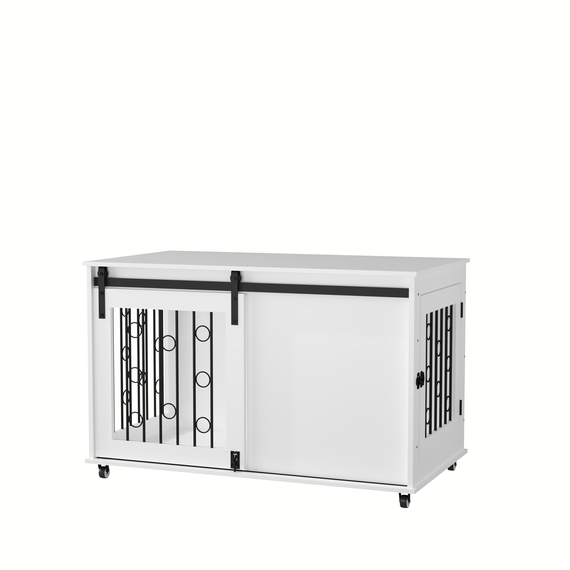 Dog Crate With Sliding Barn Door And Side Access, Lockable Wheels For Small To Medium Dogs - White