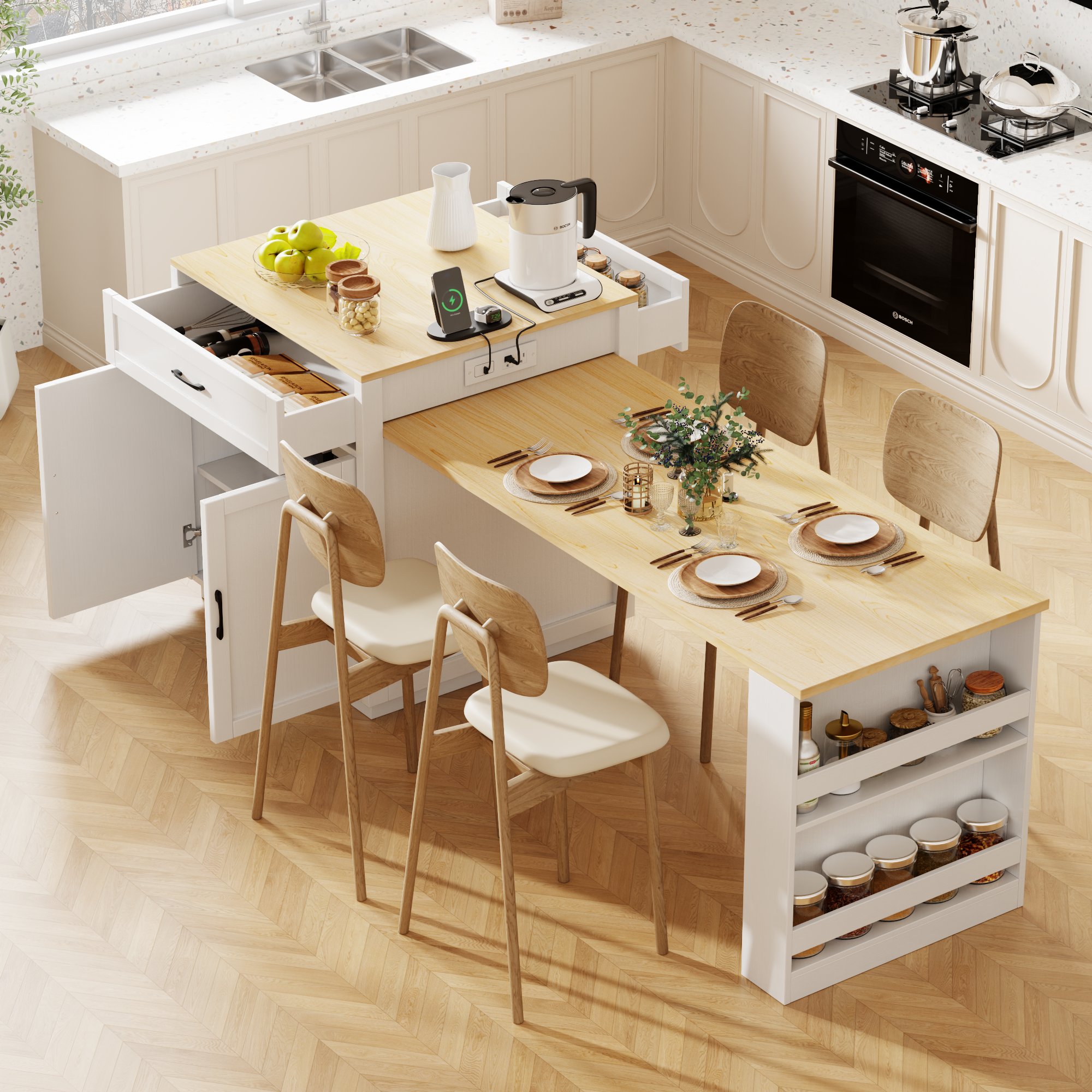 82.7 inch Kitchen Island with Extendable Dining Table for 4-6