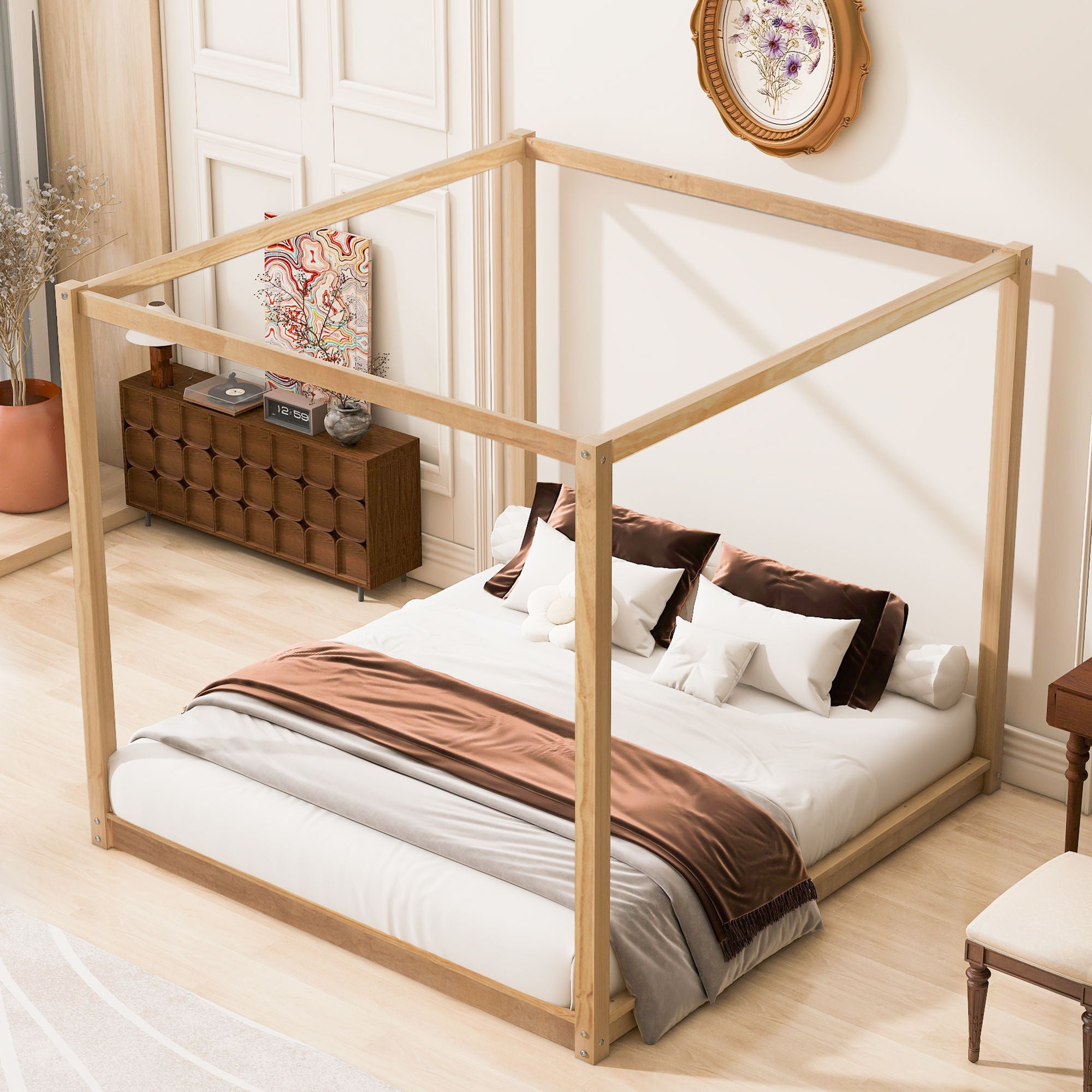 Wood Canopy Platform Bed With Support Legs And Airflow Slats
