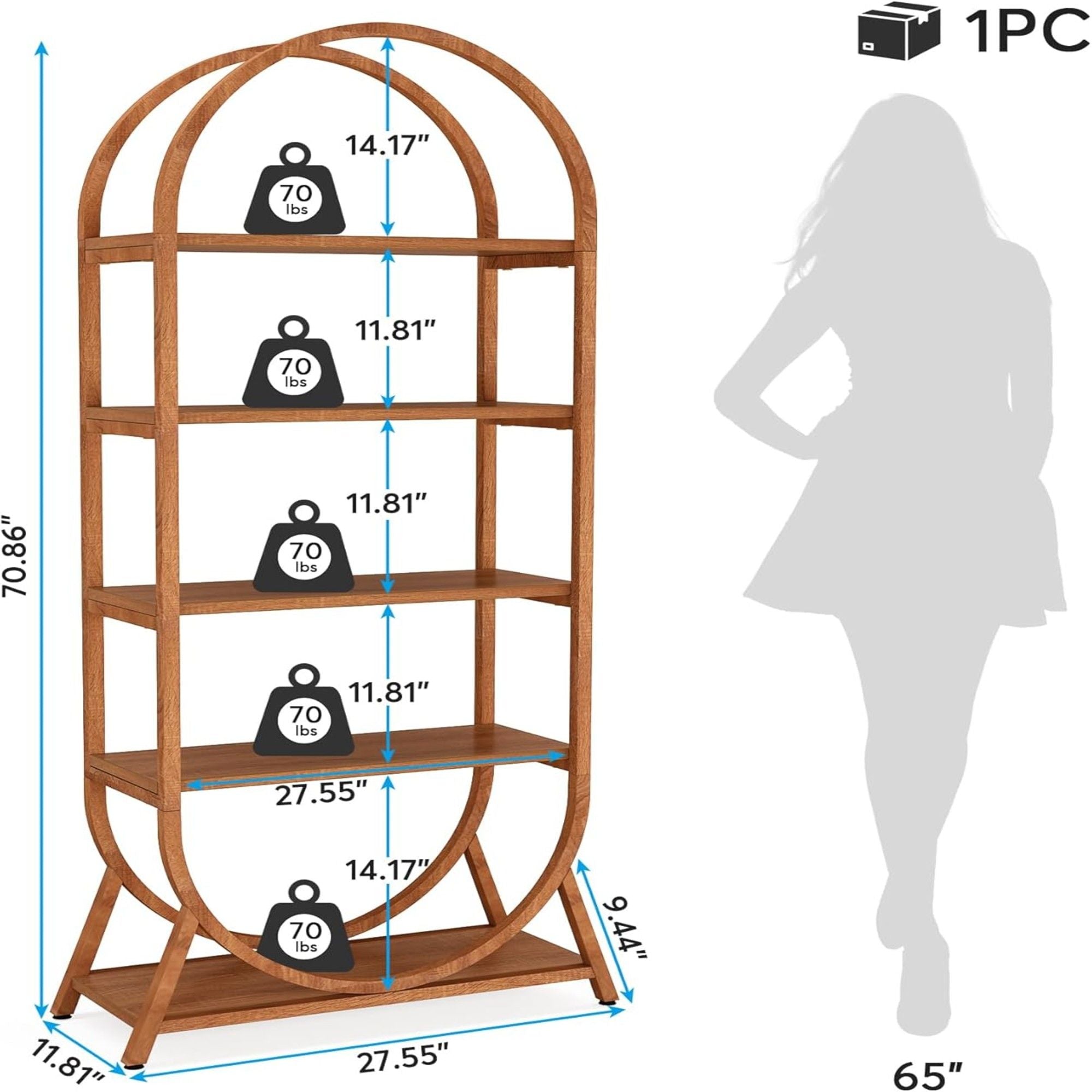 Arched 5 Tier Open Bookshelf For Office - Brown