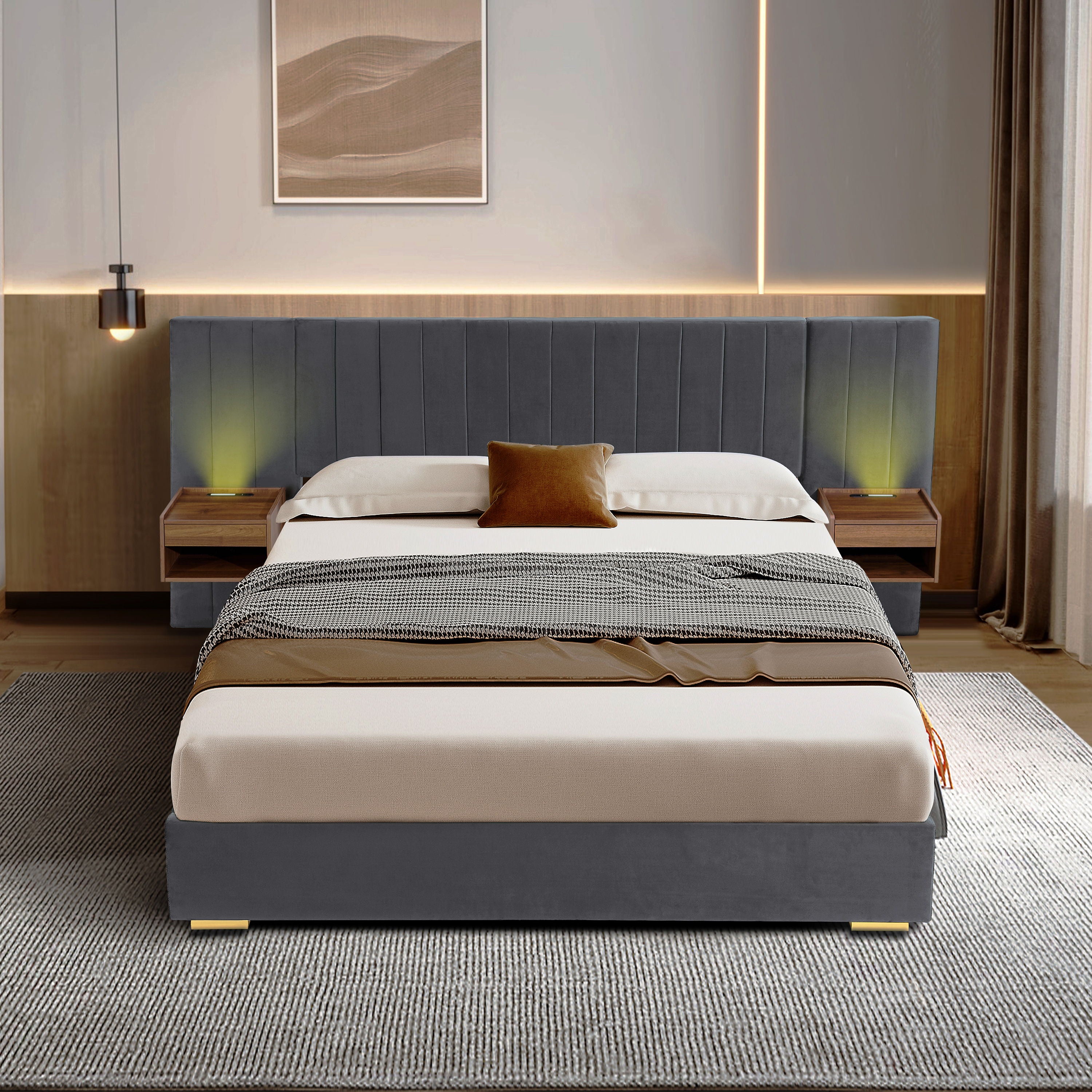 Upholstered Bed Frame Of Velvet Tufted Headboard With Floating Nightstand LED / USB Built