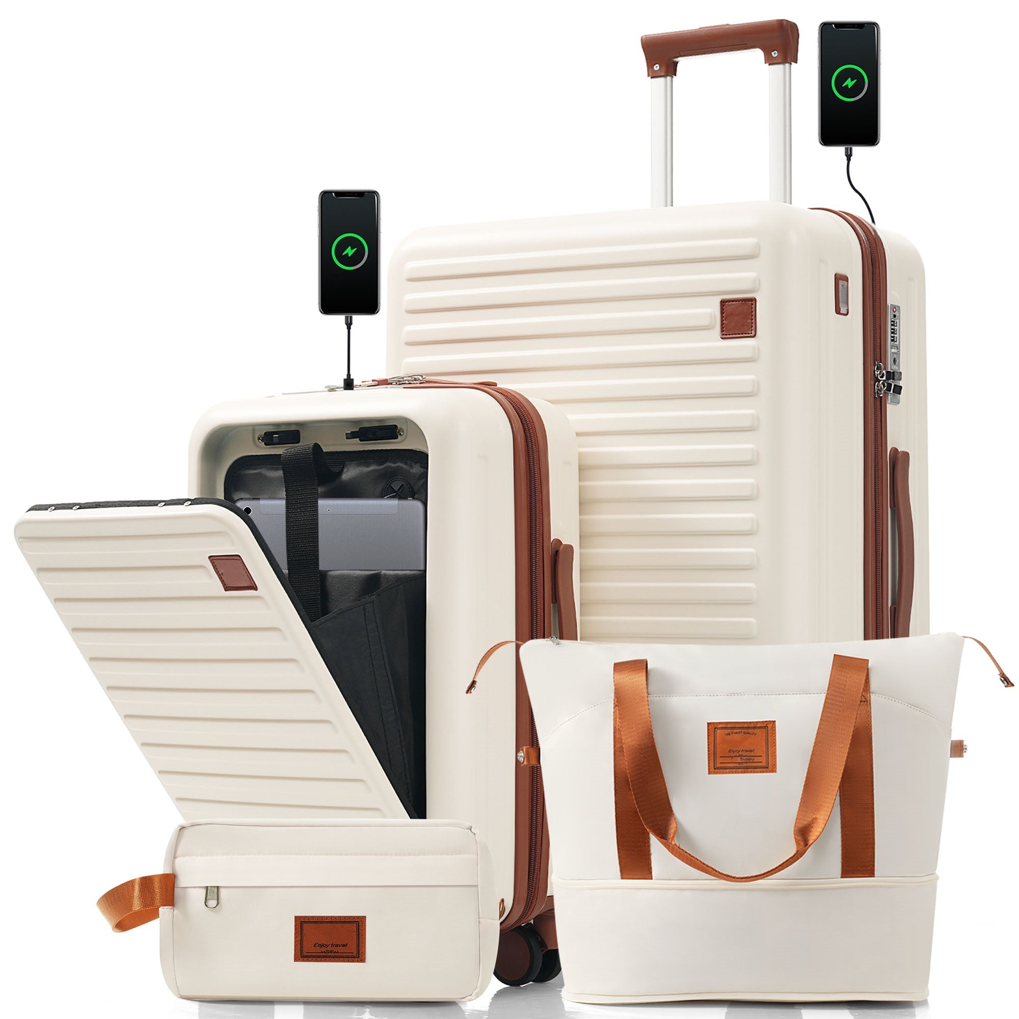 4-Piece Luggage Set with USB Charging Ports - 20in Carry-On (Front-Opening for Laptop) 28in Checked Suitcase with TSA Lock Travel Duffel Bag Wet-Dry Toiletry Bag, ivory and brown