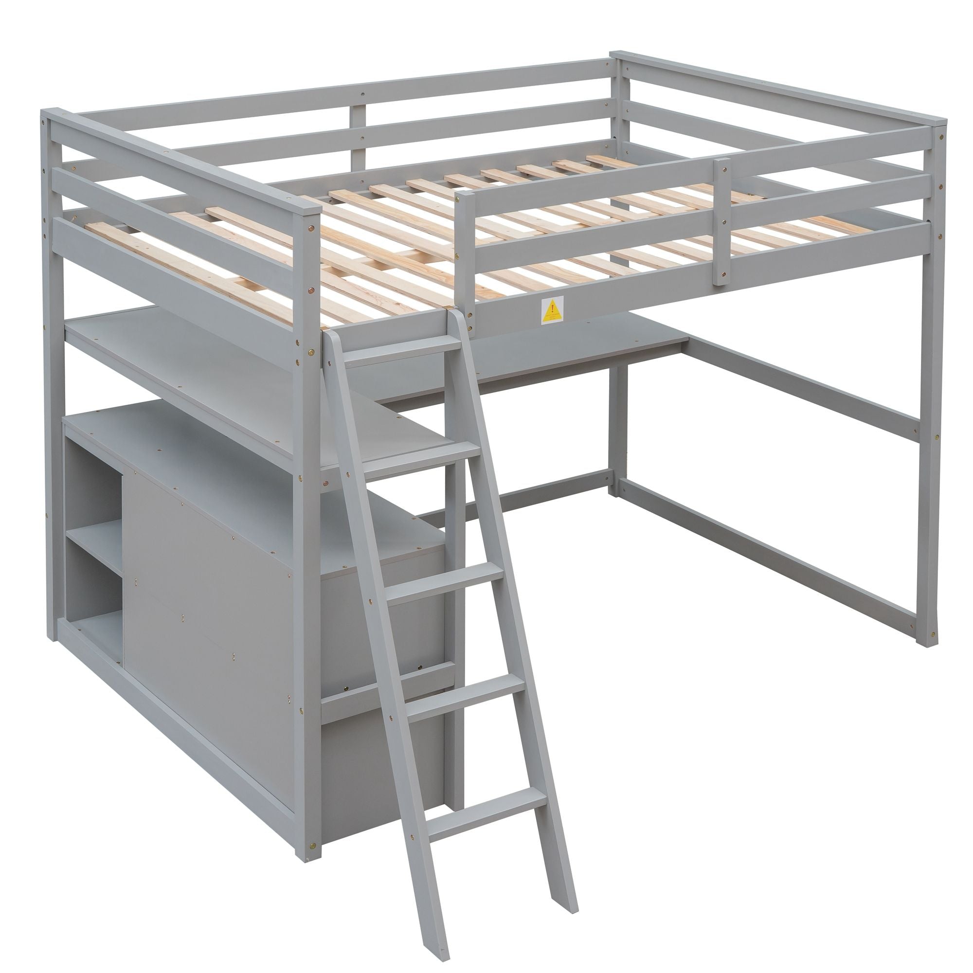 Modern Loft Bed With Built In Desk, Shelves, And 2 Drawers