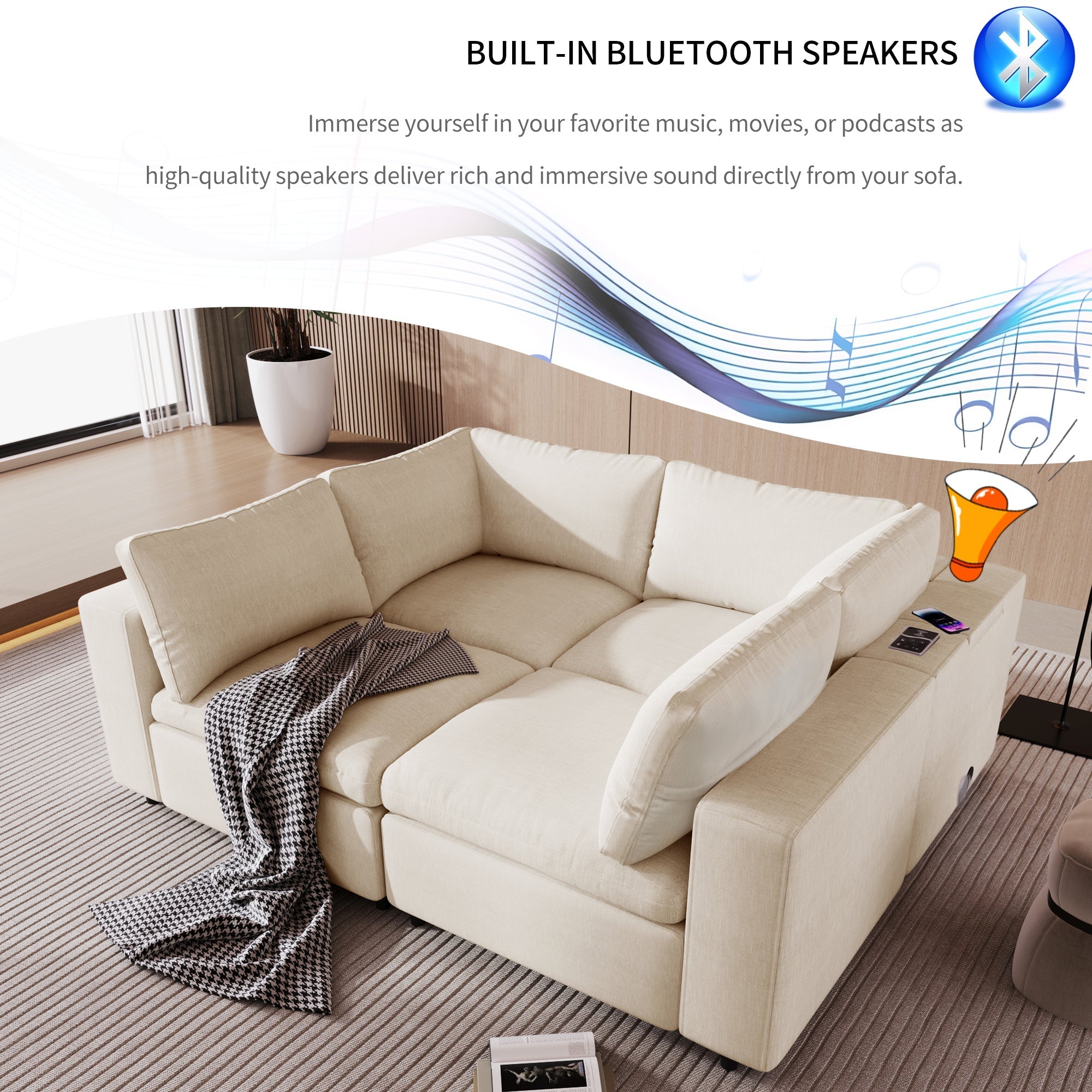 U-Style Upholstered Modular Sofa with Storage and Built-in Tech