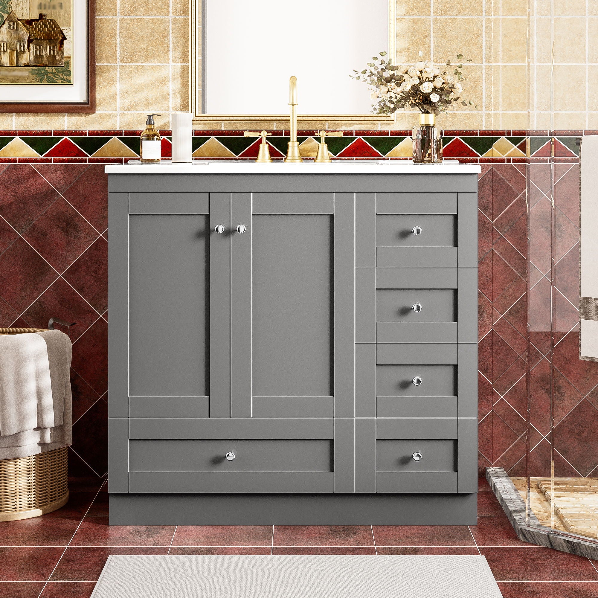 36" Shaker Free Standing Bathroom Vanity Cabinet With Sink, Soft Close Drawers, Soft Close Doors - Gray